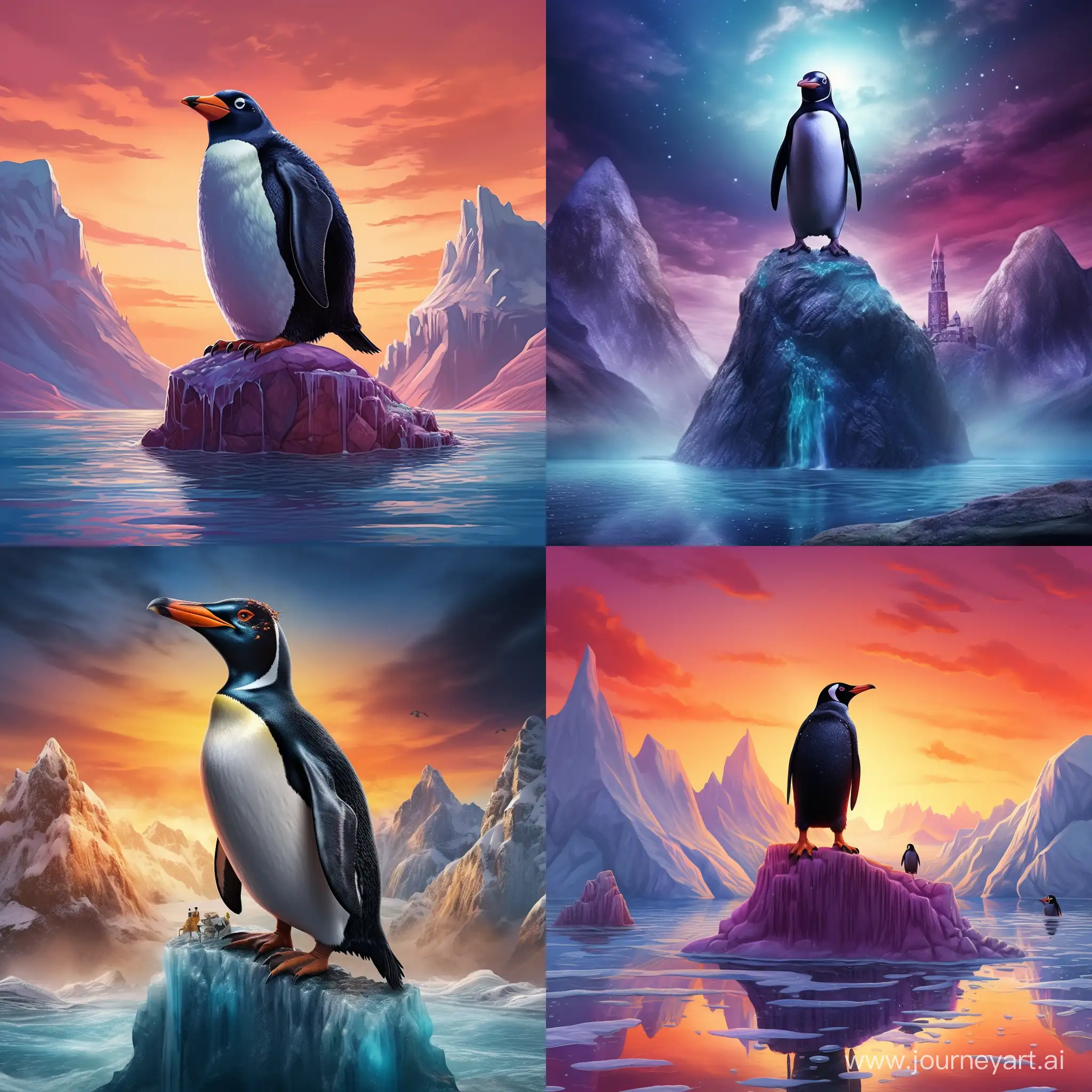 penguin stands atop iceberg. creepy mood. the penguin is saluting towards the camera. The penguin's face is replaced with harry potter's face. vivid color, ultra realistic