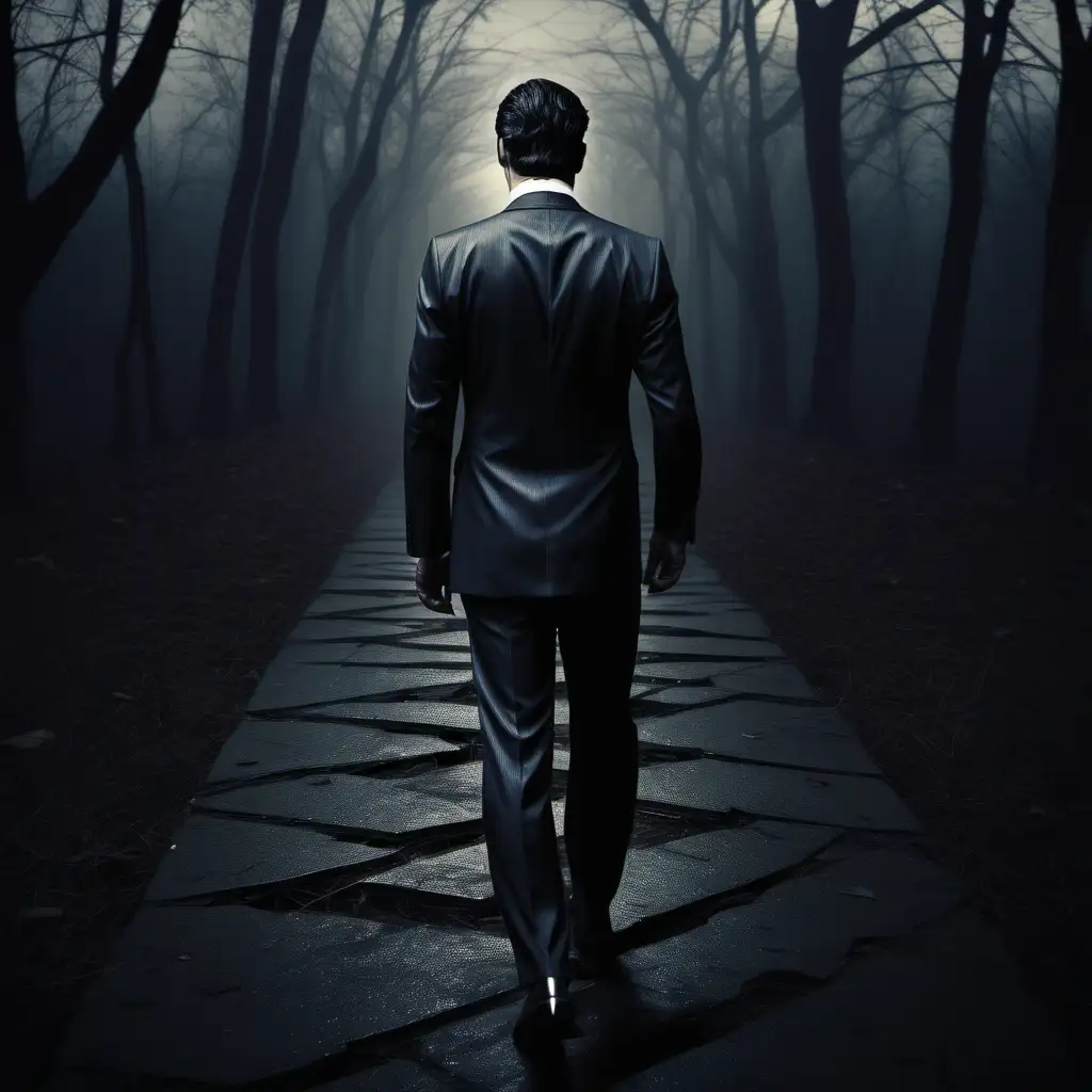 a man is a rich suit walking on a dark gloomy path that splits  two ways