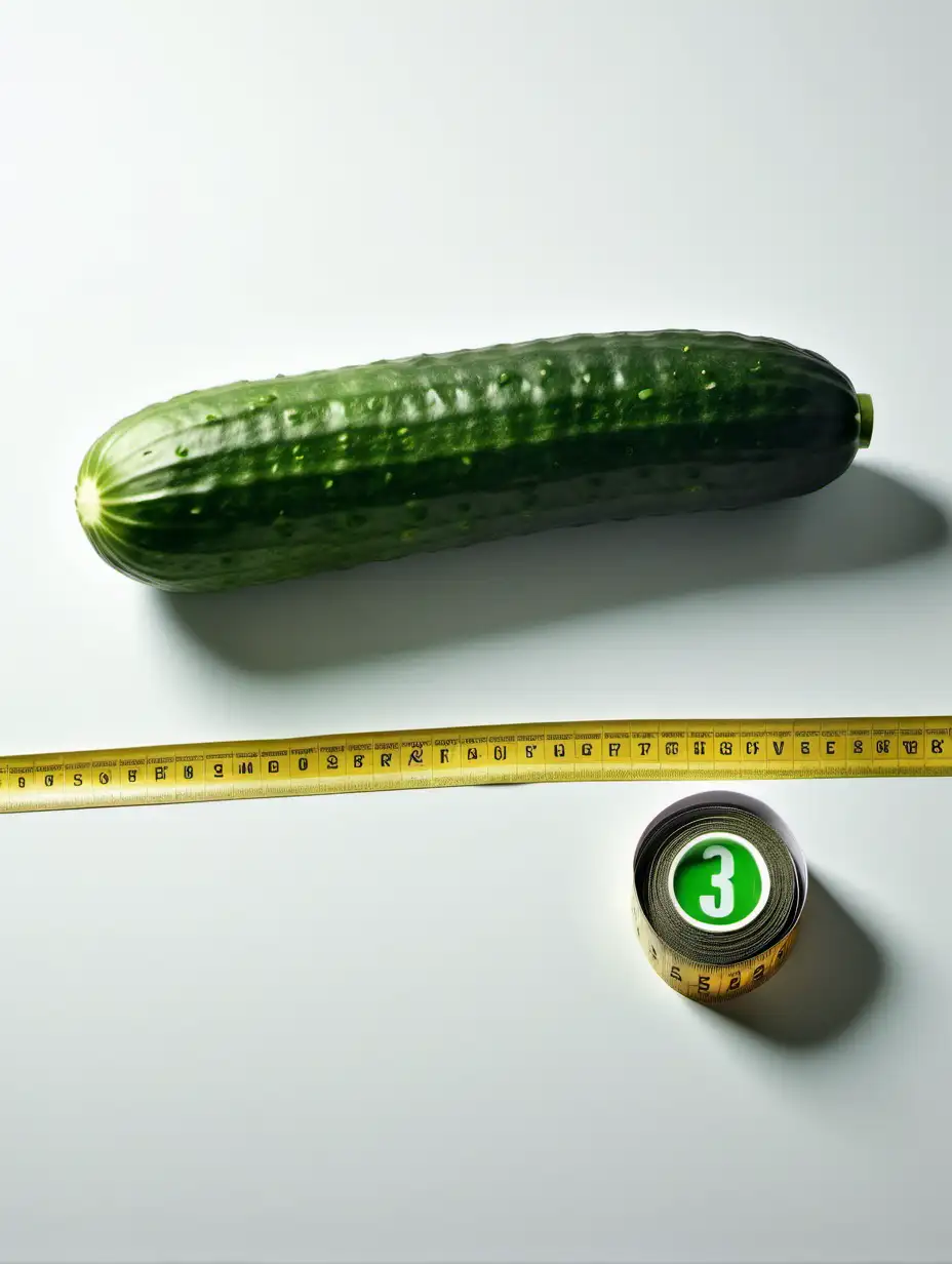 A hyper realistic photo of a small 3 inch cucumber next to 3 inch measuring tape that says 3 on it in big letter in a white background on a table 