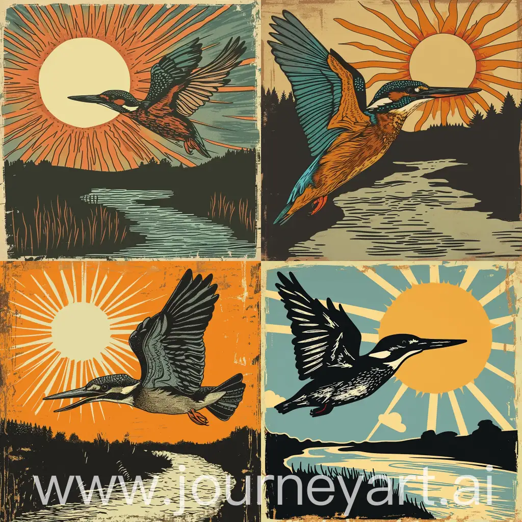 Flying Kingfisher bird, sun and river in background, woodcut style
