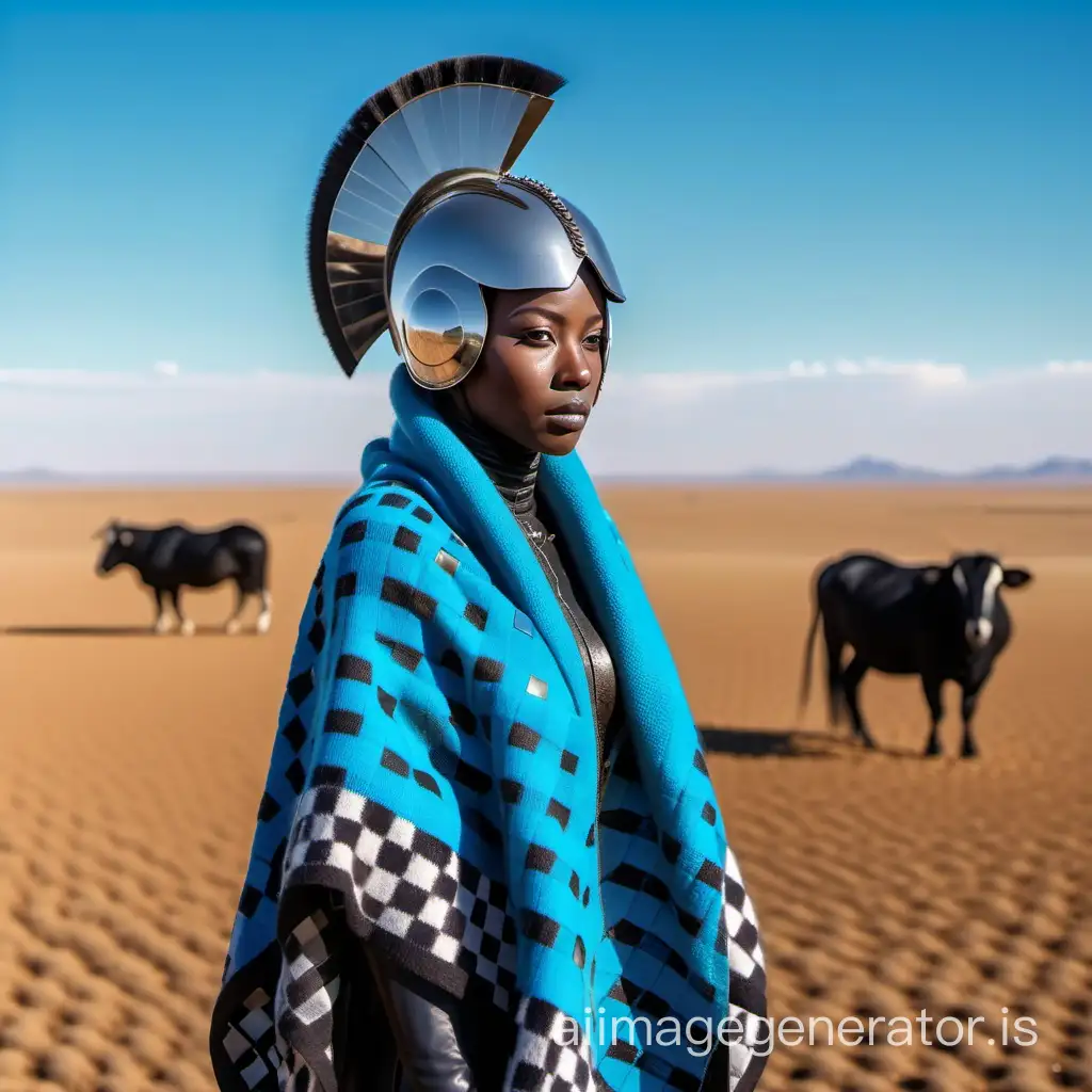 Black herdswoman out on the steppe, in a blue checkered woven woollen blanket. Afrofuturistic fantasy art. Silver helmet.