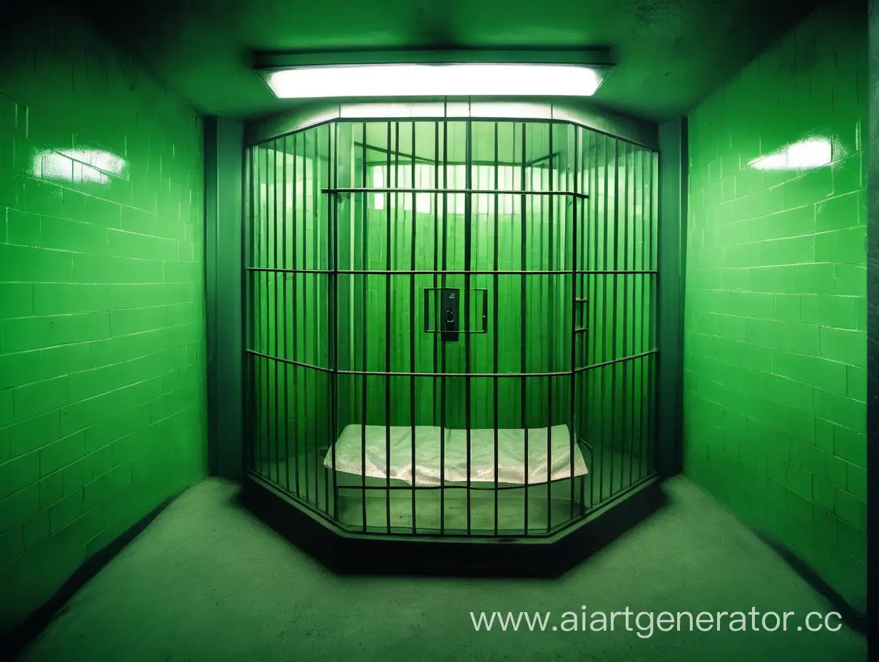одиночная тюремная камера зеленая за стеклом
