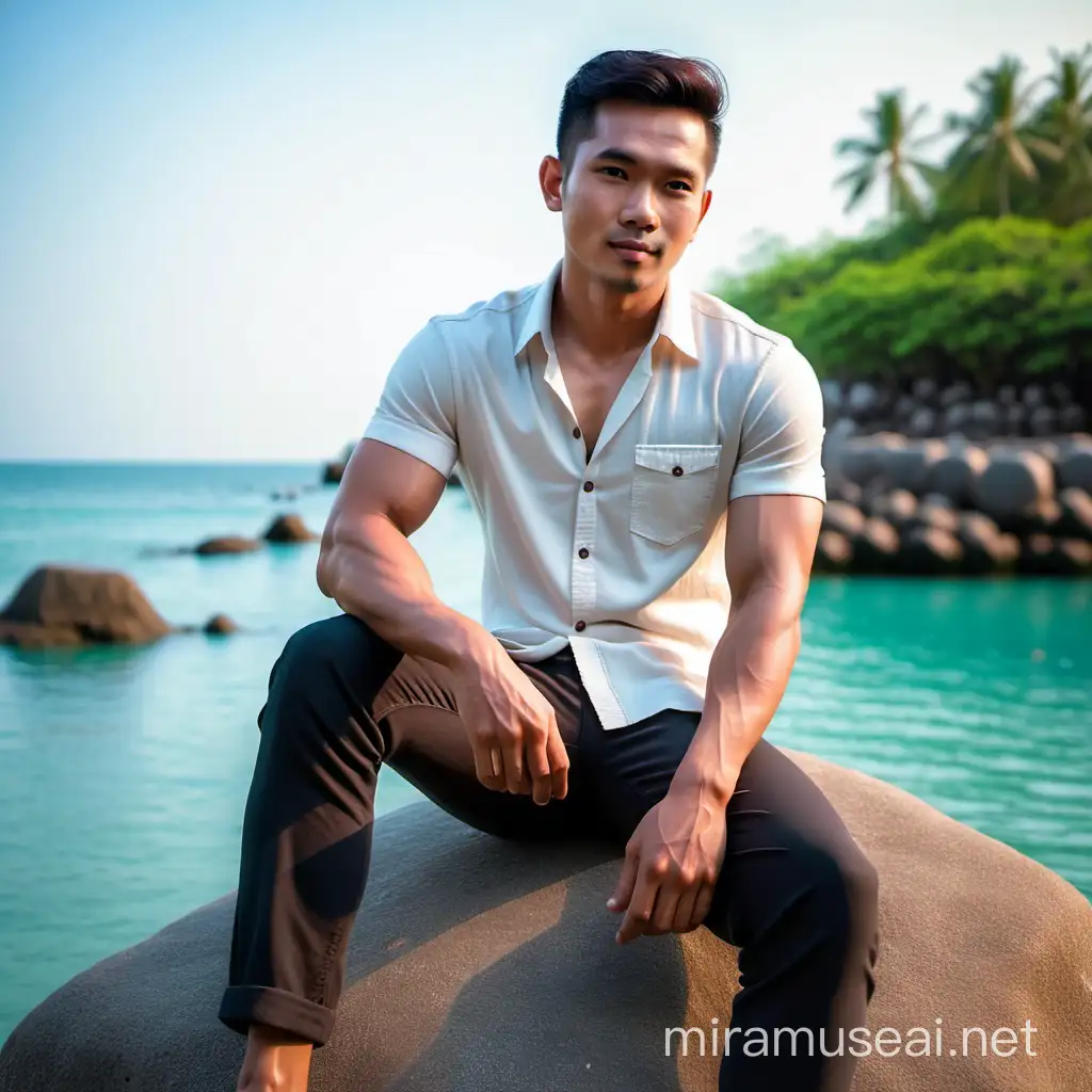 gambar photo hot pria Indonesia yang ganteng, sedang duduk dibatu dekat laut. Wajah sangat asli, gambar sangat akurat, super HD, 