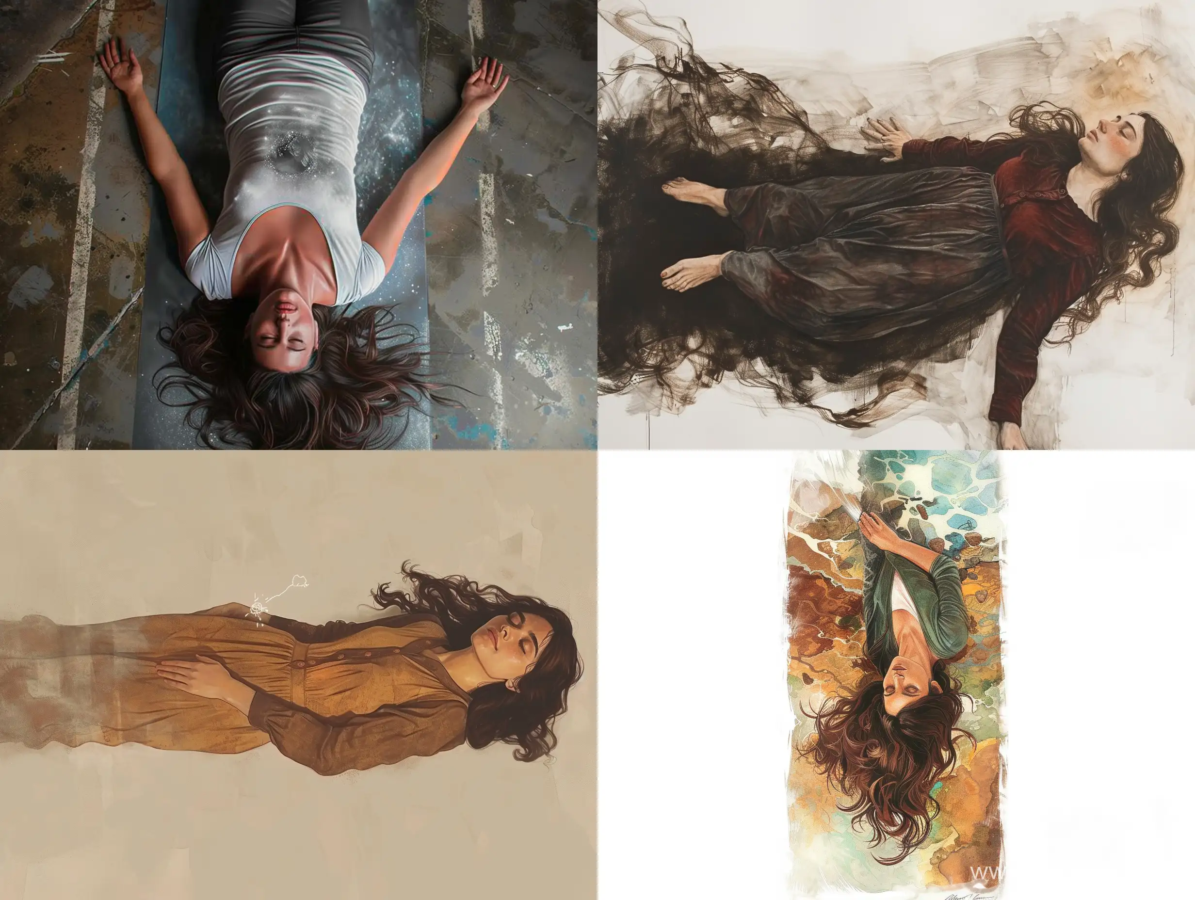 draw a vertical image of a brunette woman laying on the ground and her spirit is floating outside of her body