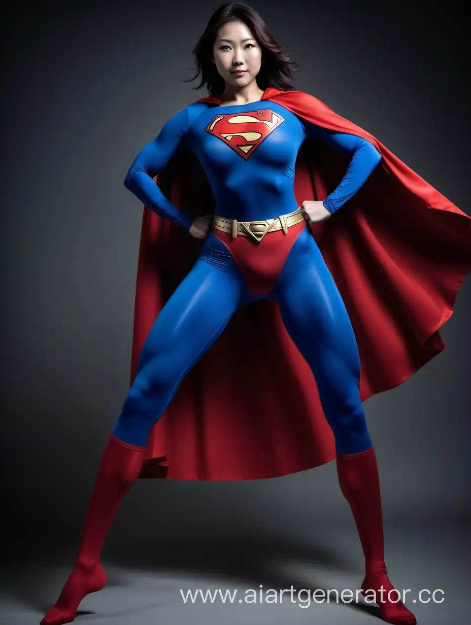 The central focus is a confident, happy Japanese woman of 26 years, exuding strength and power. Her impressive physique features extremely developed muscles across her arms, legs, chest, and abdomen, accentuated by her large breasts. She embodies a superhero persona, radiating heroism and might. The portrayal captures her in a full-body Superman costume, showcasing a matte spandex texture. The blue leggings and sleeves contrast with the iconic red briefs and a long, flowing cape, evoking the classic Superman look. This composition is reminiscent of 'Superman: The Movie,' employing a professional photo studio to create a vibrant and striking portrait that embodies the strength and heroism associated with the Superman character.