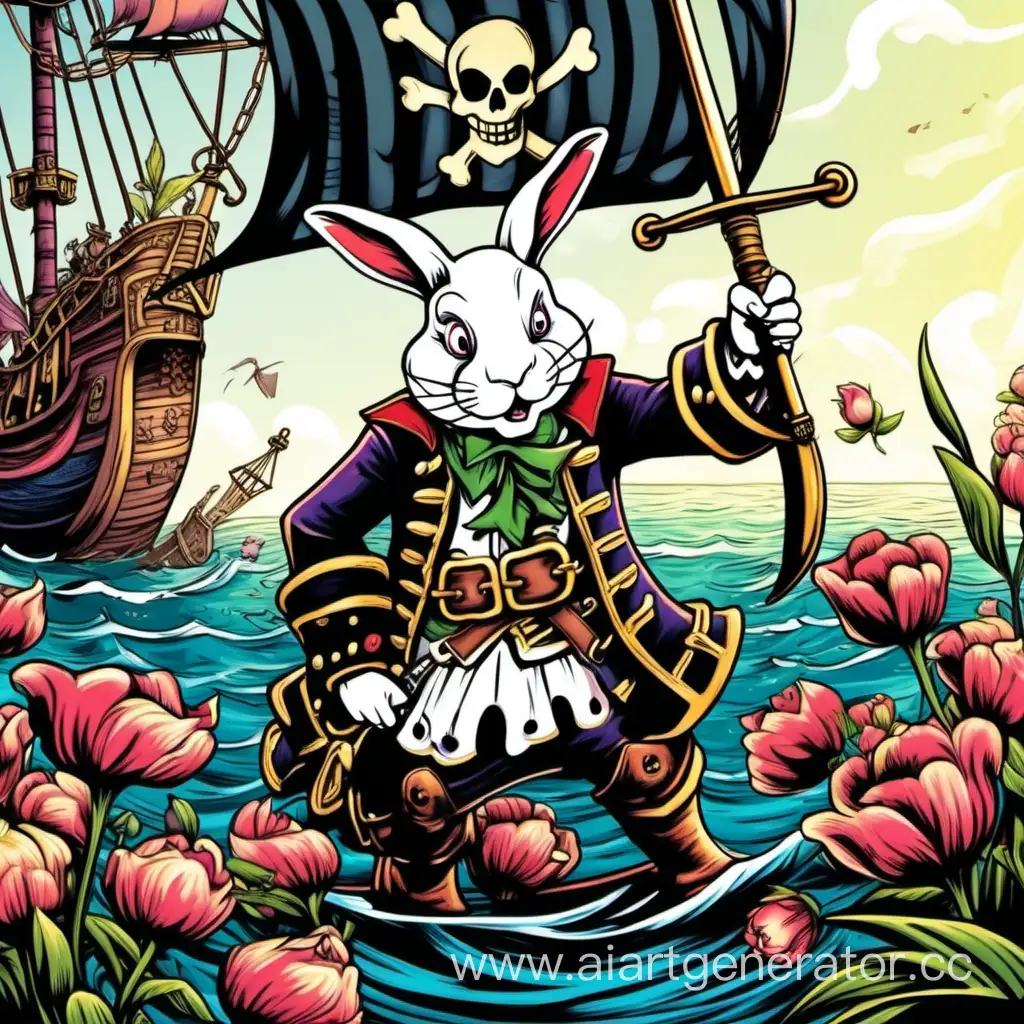 Белый кролик пират дарит цветы на фоне пиратского корабля