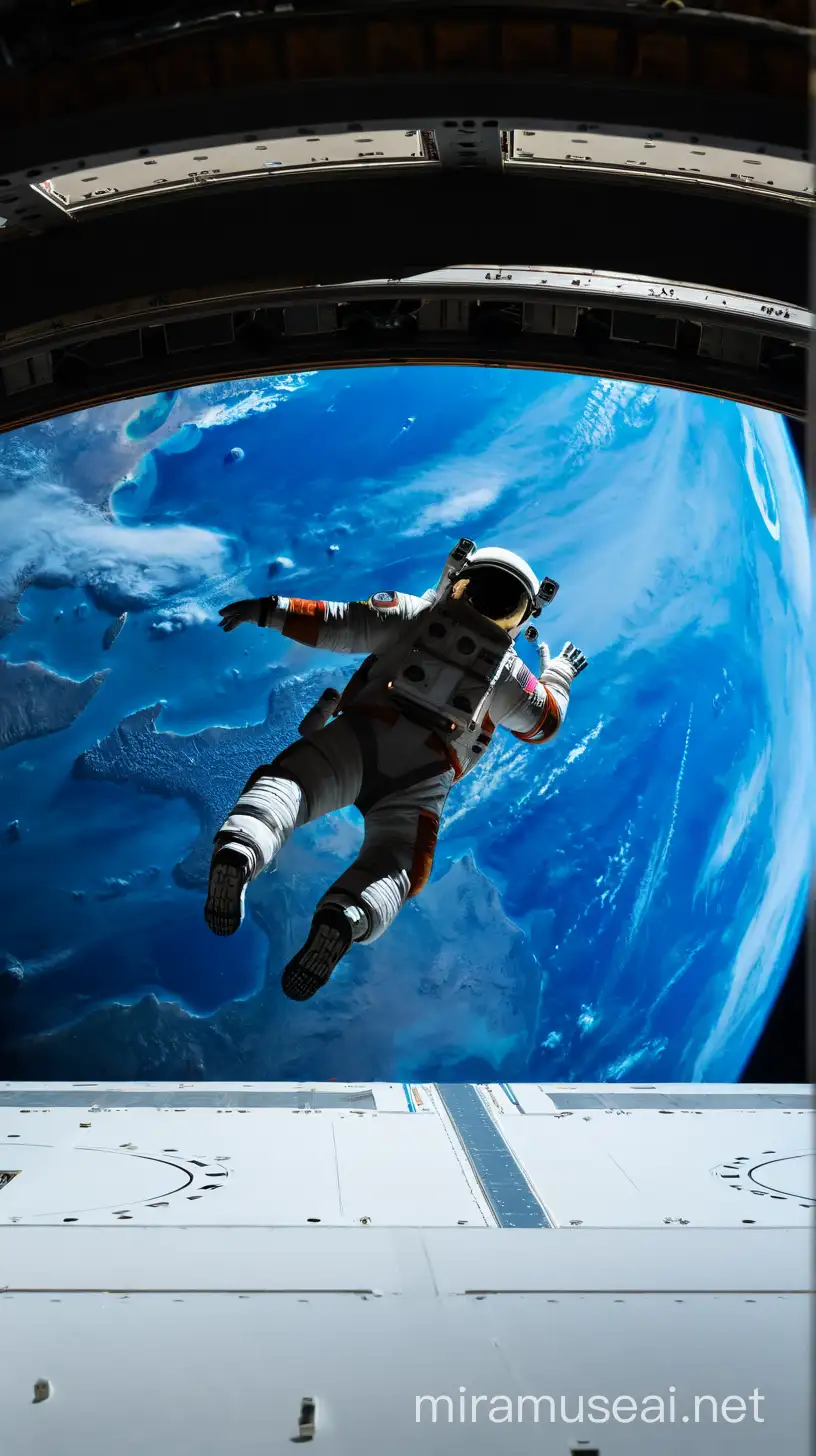 astronauta de espalda parado en una puerta grande circular preparandose para lanzarse al espacio donde se ve el planeta tierra
