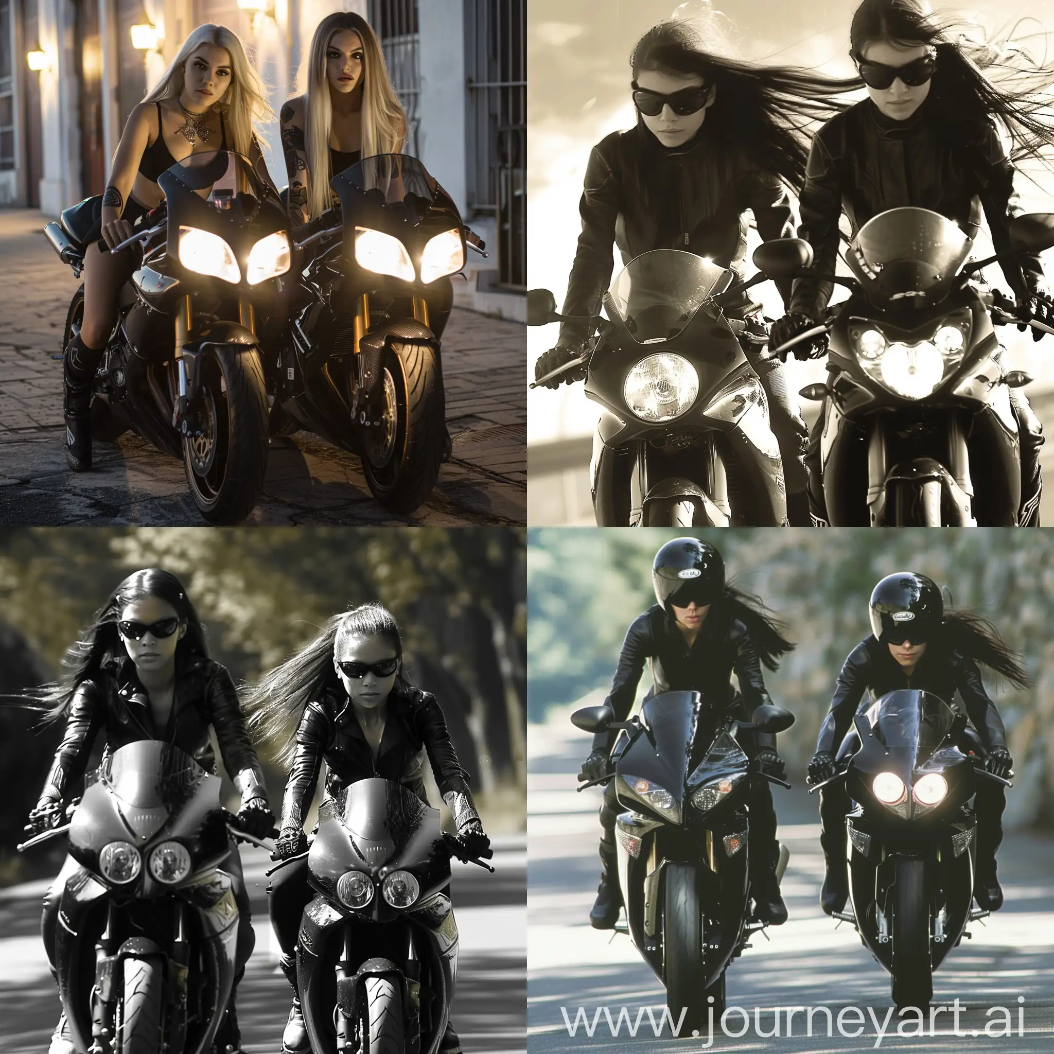 Two girls in the style of the matrix movie ride sports motorcycles