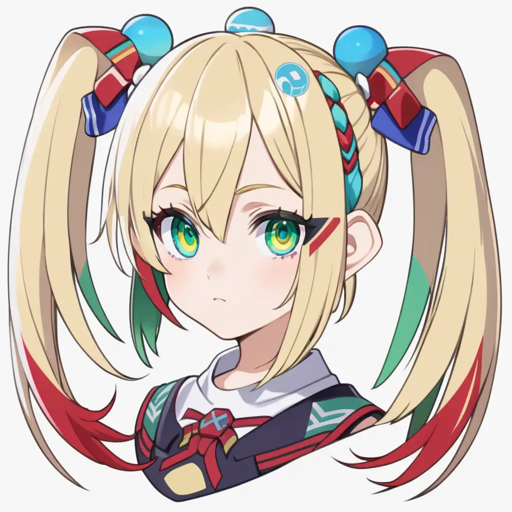 Vtuber Head character sheet design. Cute anime girl with hair on the sides and a twin pony tail with white golden hair. Cute Eyes shape ovoid with ovoid pupils with complex patern inside and blue and red and green colors mixed.