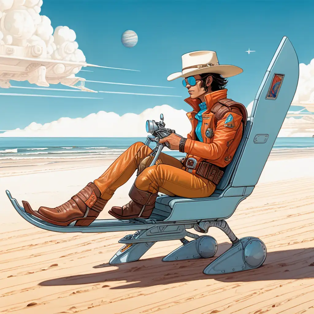 future spacecowboy  auf einem glider im stil von jean giraud an einem strand auf einem fernen planeten