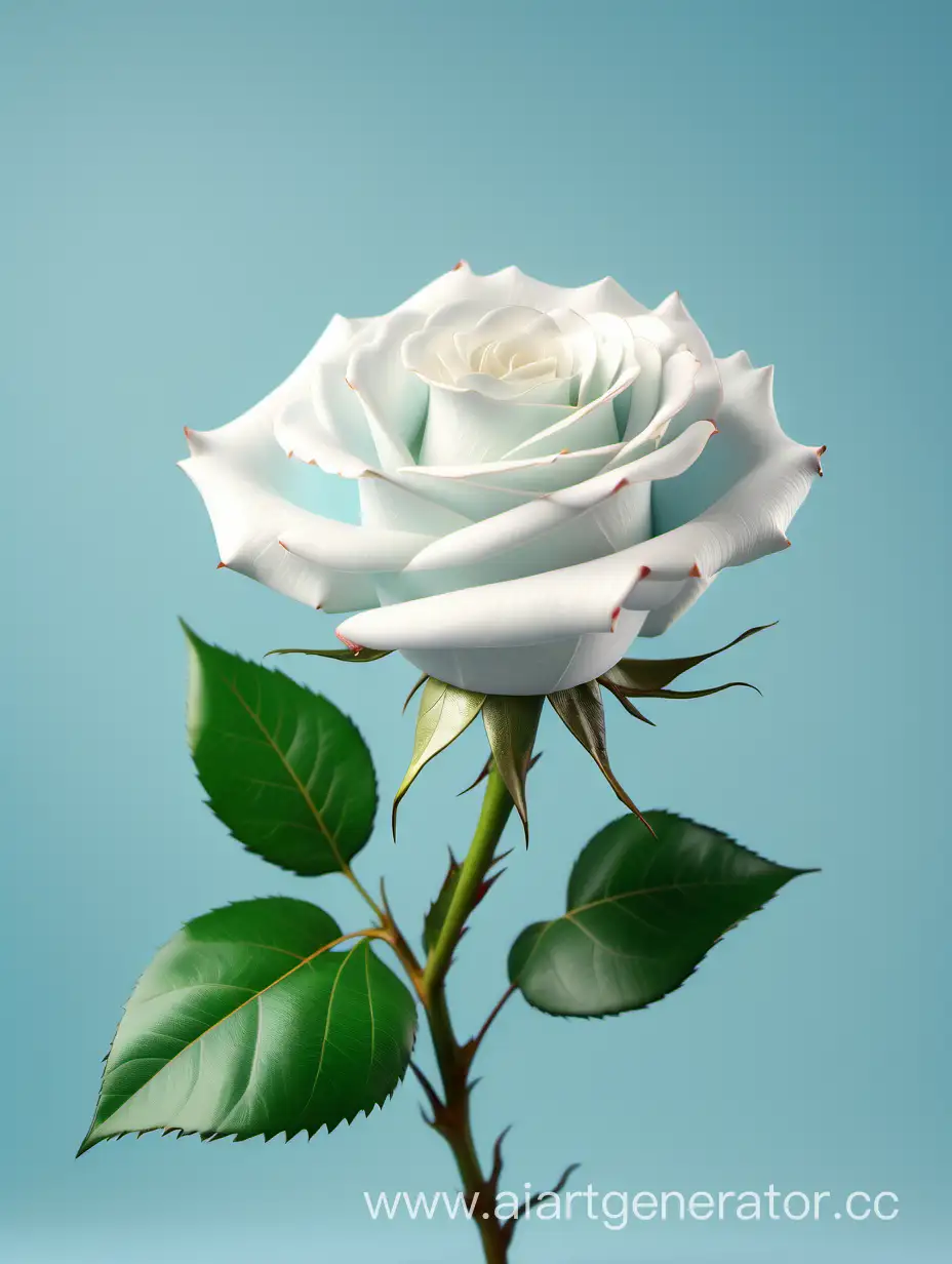 Elegant-4K-White-Rose-with-Fresh-Lush-Green-Leaves-on-a-Pure-Light-Blue-Background