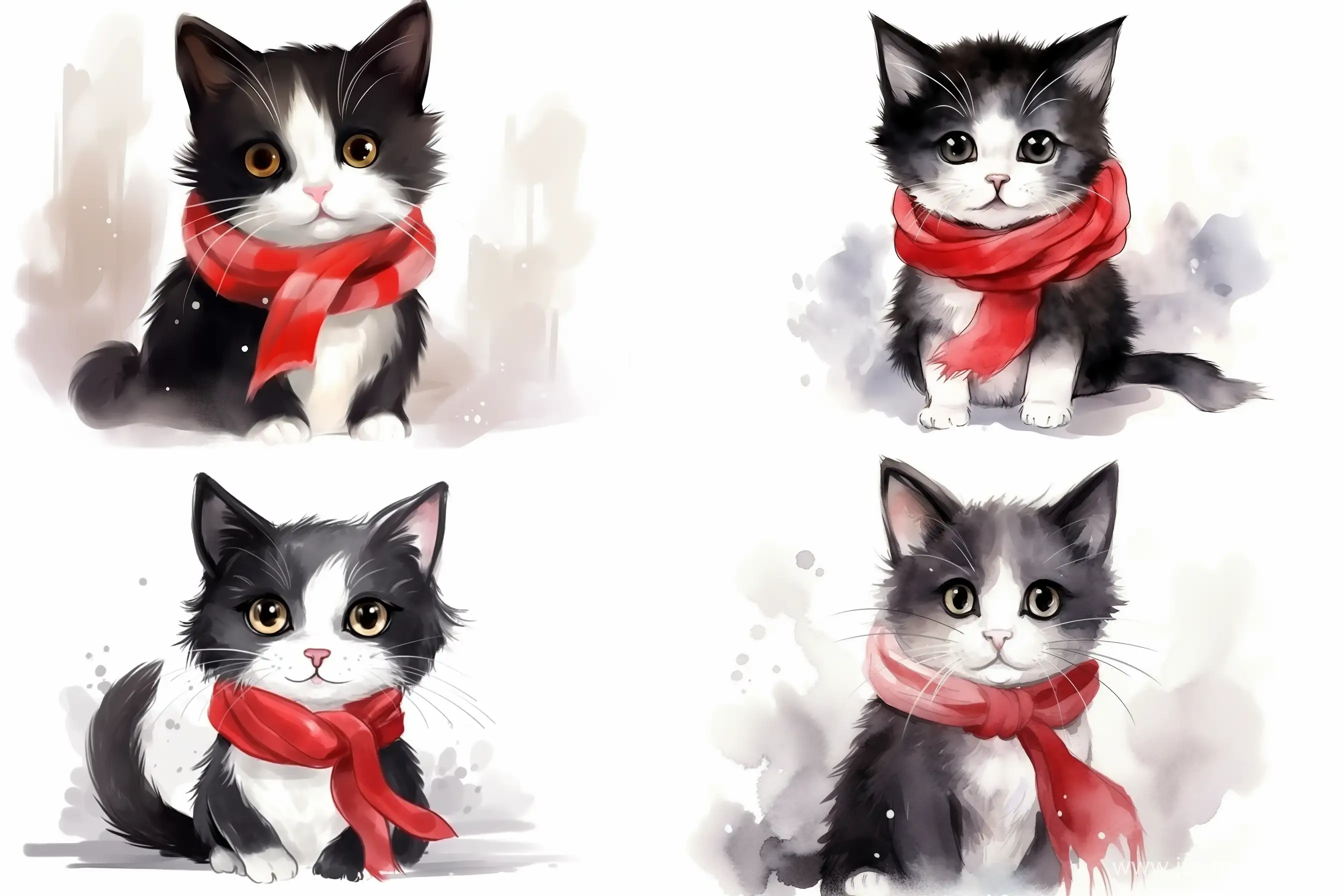 black and white cartoon baby cat portrait wearing a red scarf, watercolor style, white background. -- 5.2 --ar 3:2