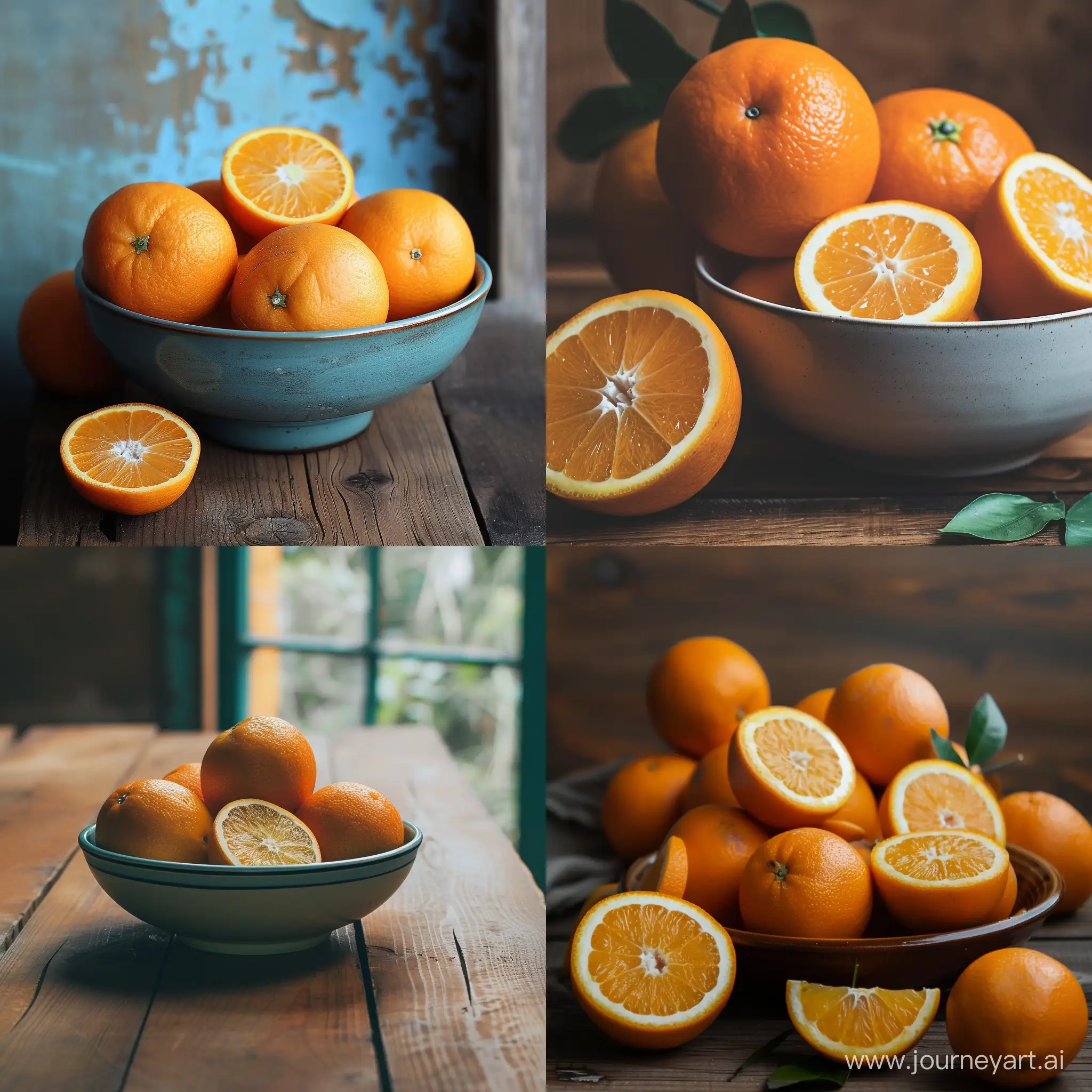 Oranges in a bowl on a wooden table