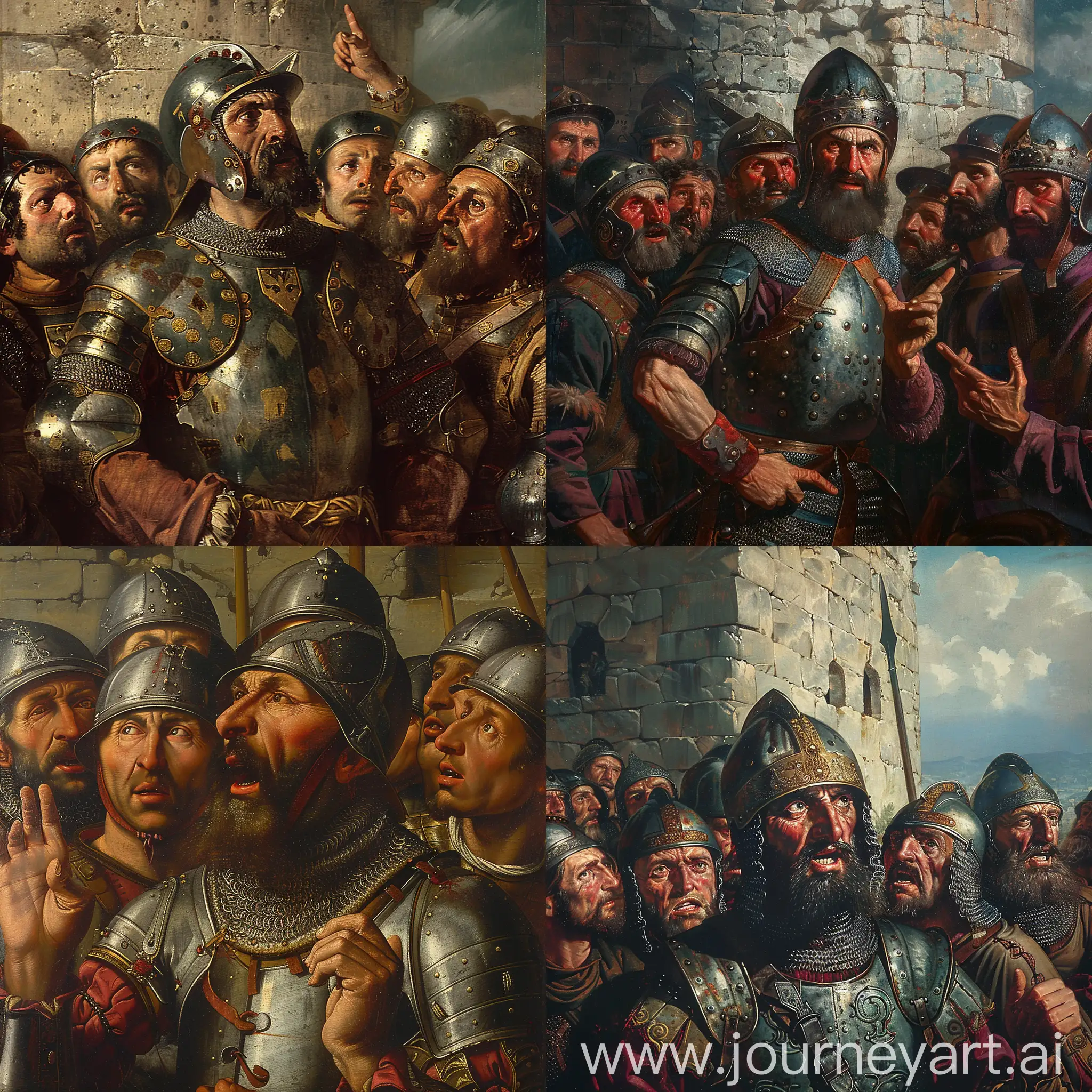 Giovanni Giustiniani Longo depicted in Genoese armor and helmet, he has no beard, his genoese warriors around him, he is making a motivational speech, they are at the wall of Constantinople, in the year 1453, dramatic lighting