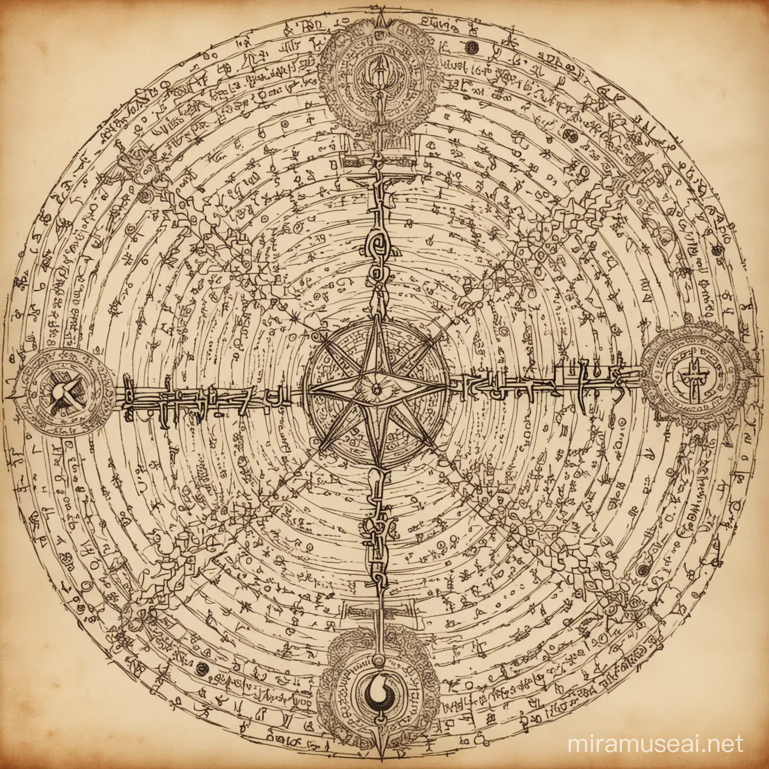 drawn design of an occult diagram showing ornate circular design for summoning a demon, with spell elements, and secret power symbols