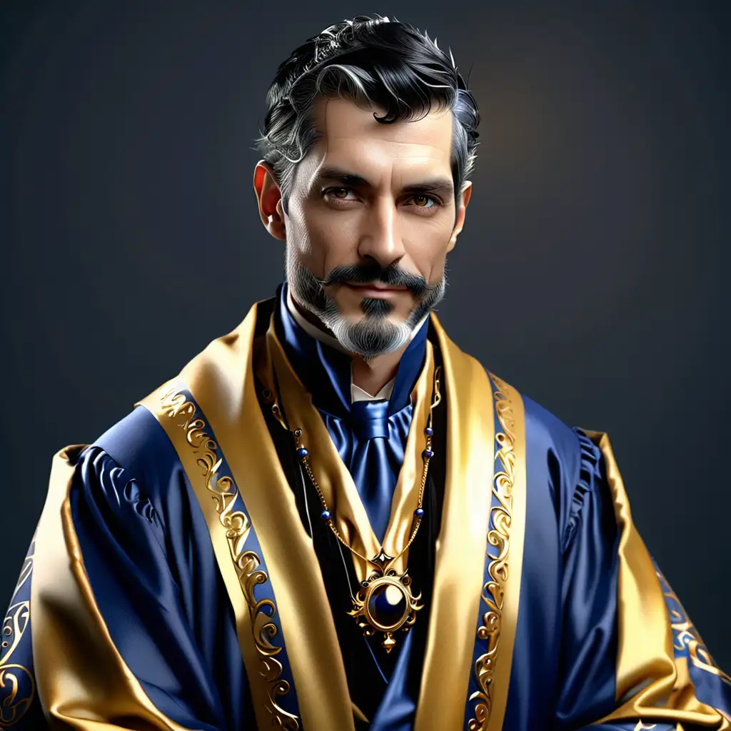 Mid forties, male, fantasy, royal council, dark blue and gold robes, black graying hair, short beard, clean cut, handsome, kind, friendly, 