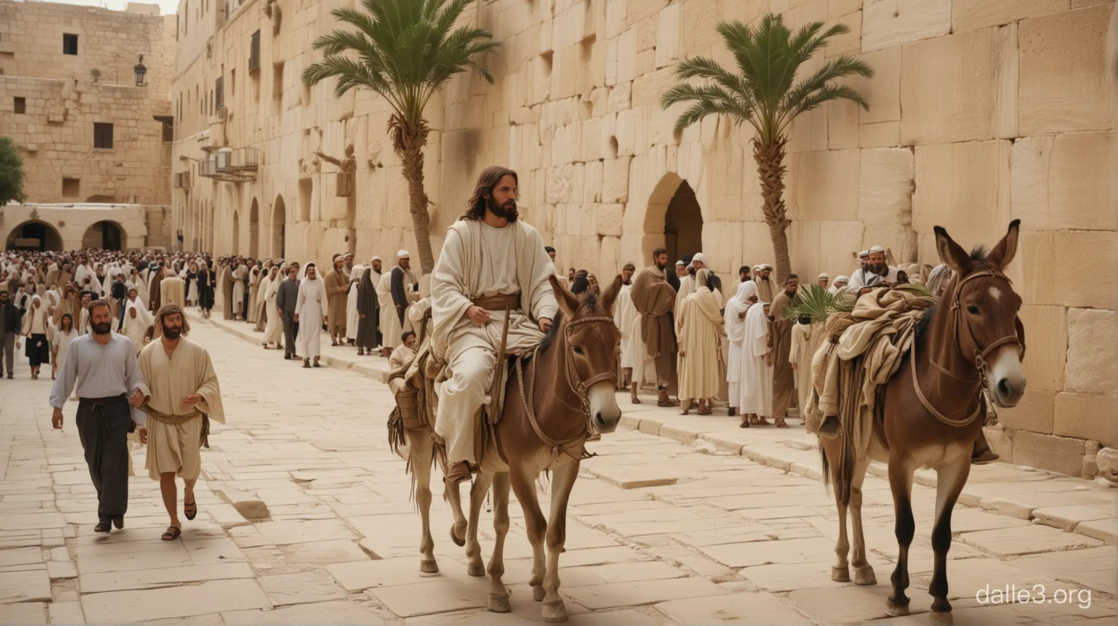 Biblical Scene Jesus Riding On A Donkey With Angel And Crowd In 