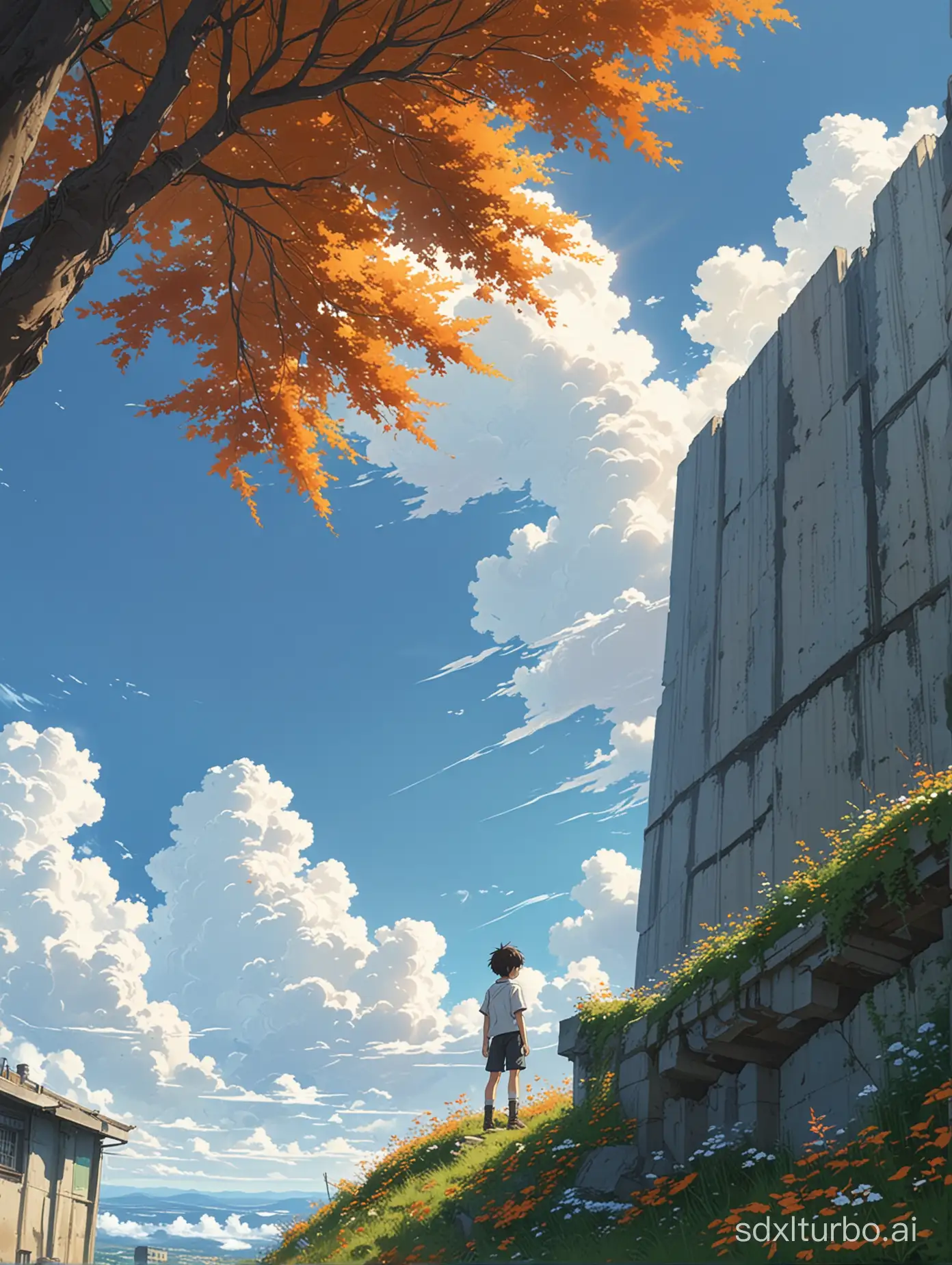 A serene Makoto Shinkai-inspired anime scene, featuring a young boy standing on edge of towering building reclaim by nature, full of grass and flowers,A tree with orange color of leaves,backround is blue sky and fluffy white clouds,high angle view,vivid