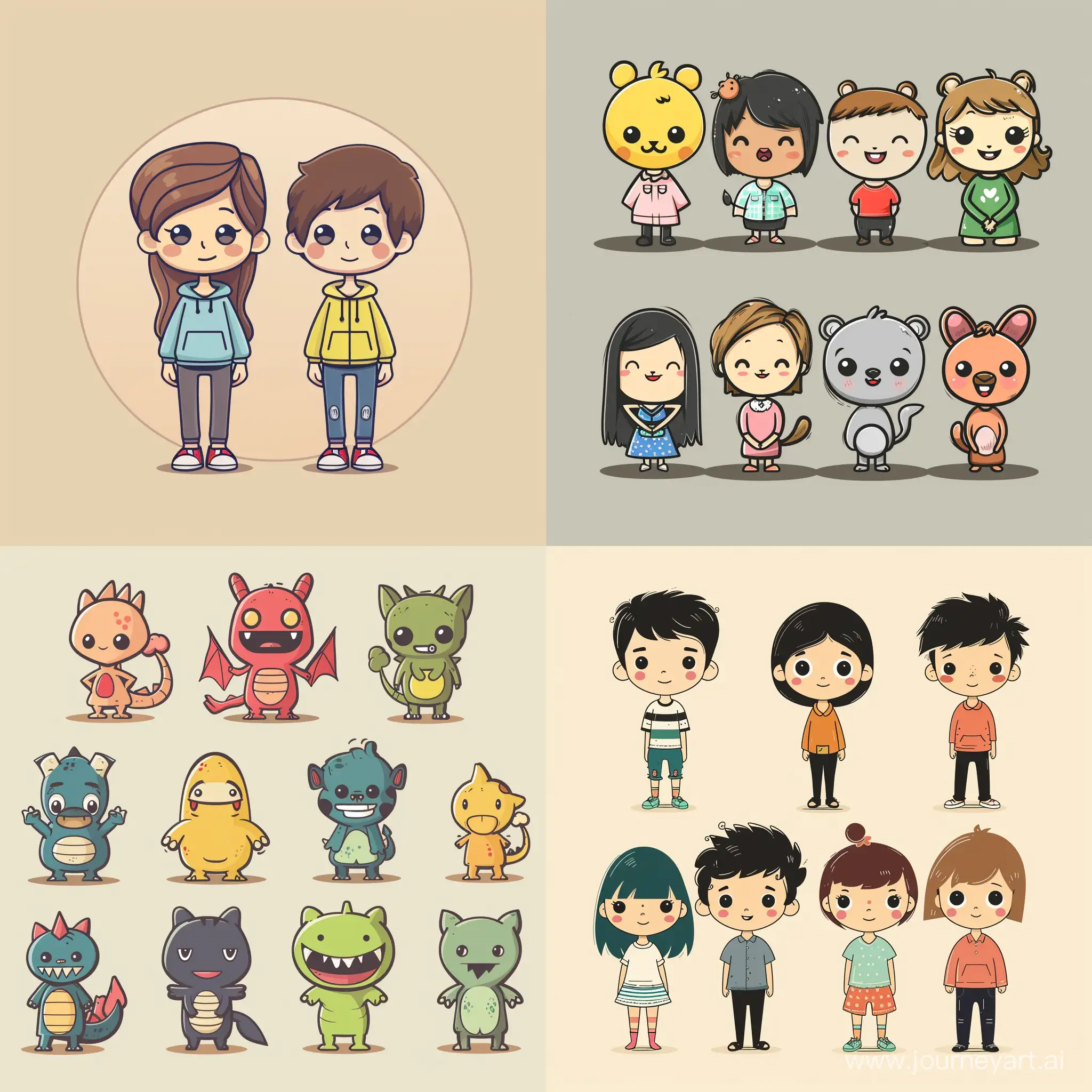 cartoon characters, in vector style, high quality details, clear lines, minimalistic