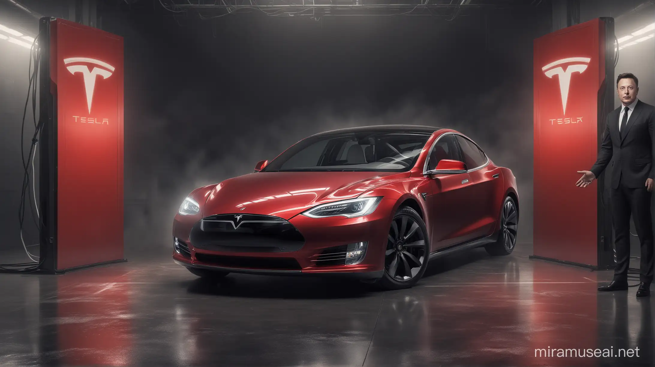 Create a striking image featuring Elon Musk, the visionary CEO of Tesla, alongside the iconic Tesla logo