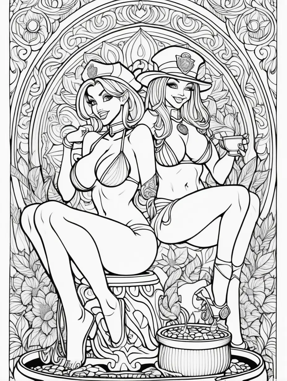 Detailed Mandala Adult Coloring Page with Sexy Leprechaun Female Impersonator and Shirtless Fireman