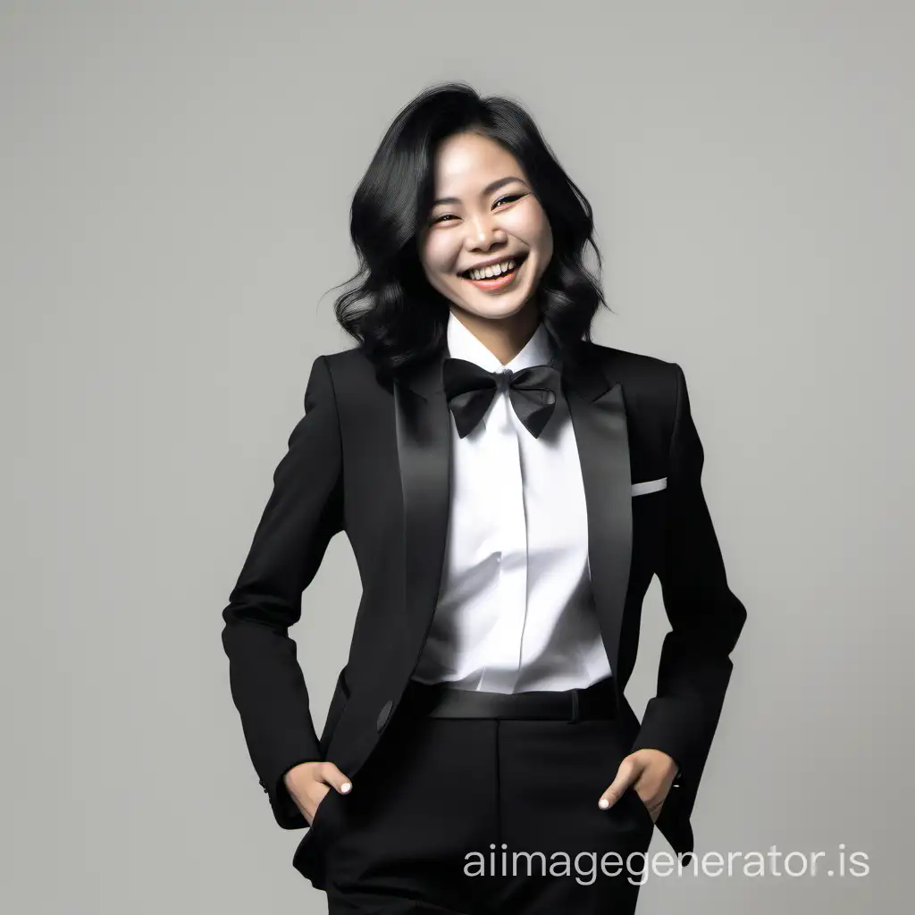 a smiling and giggling Vietnamese woman with shoulder length hair wearing a tuxedo with a white shirt and a black bow tie, black pants