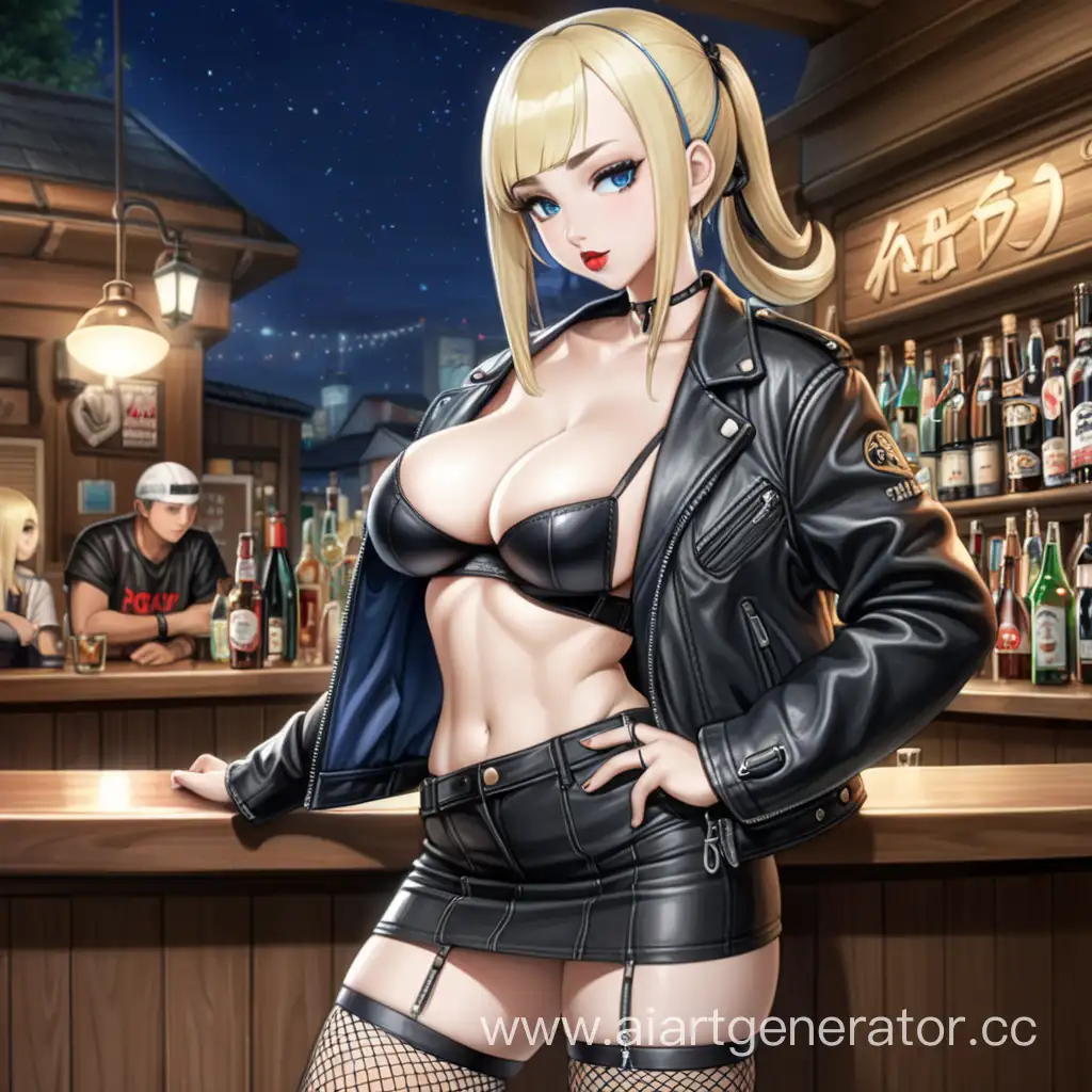 Seductive-Blonde-Anime-Girl-Posing-at-Night-in-Leather-Outfit