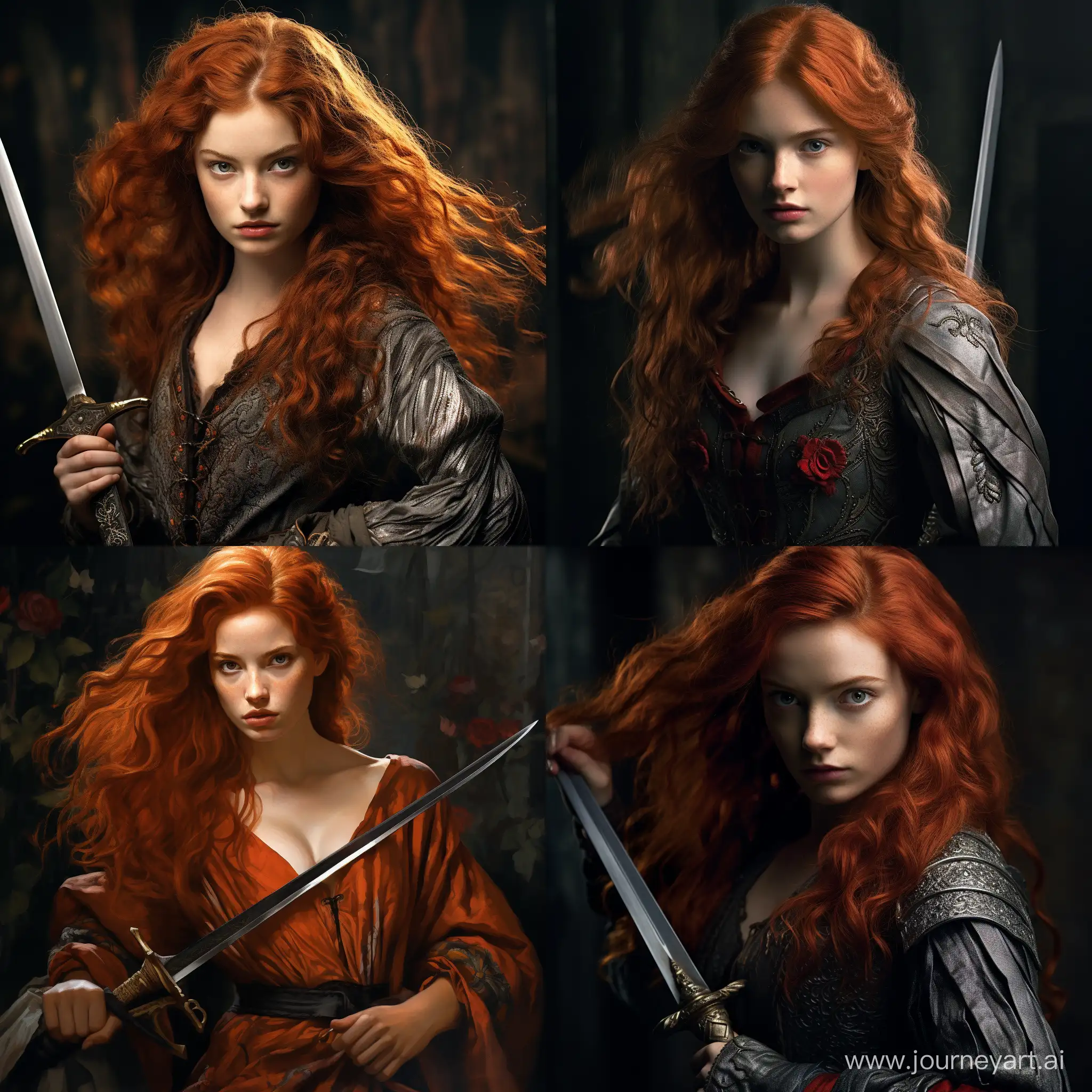young red-haired noble woman wearing a dress and wielding a sword