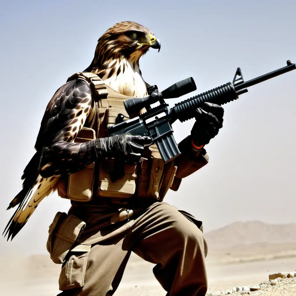 Hawk in battle gear shooting a taliban