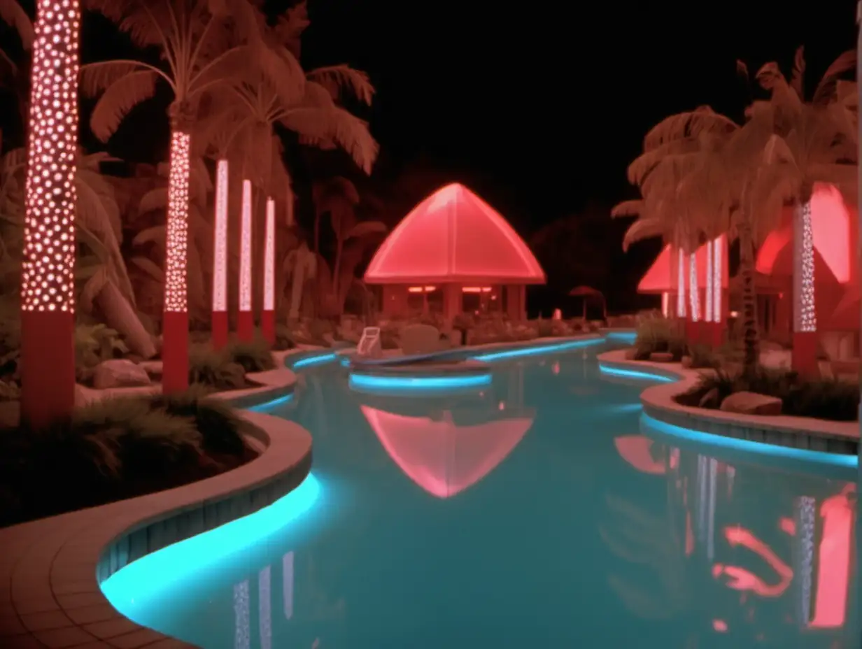 footage from a 1997 film, red lit, lazy river, cinematic scene