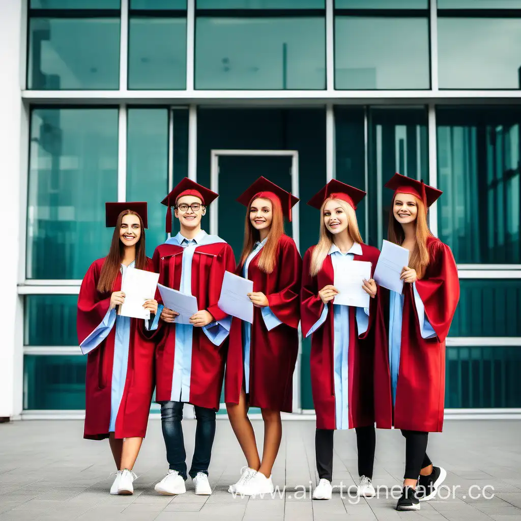 Happy students stand near a modern school with diplomas in graduate gowns