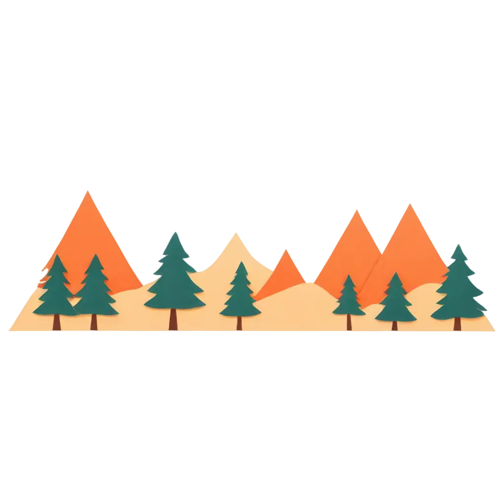 minimalist cutout paper mountain range in orange and brown along bottom border with green pine tree shapes, background off-white, construction paper texture