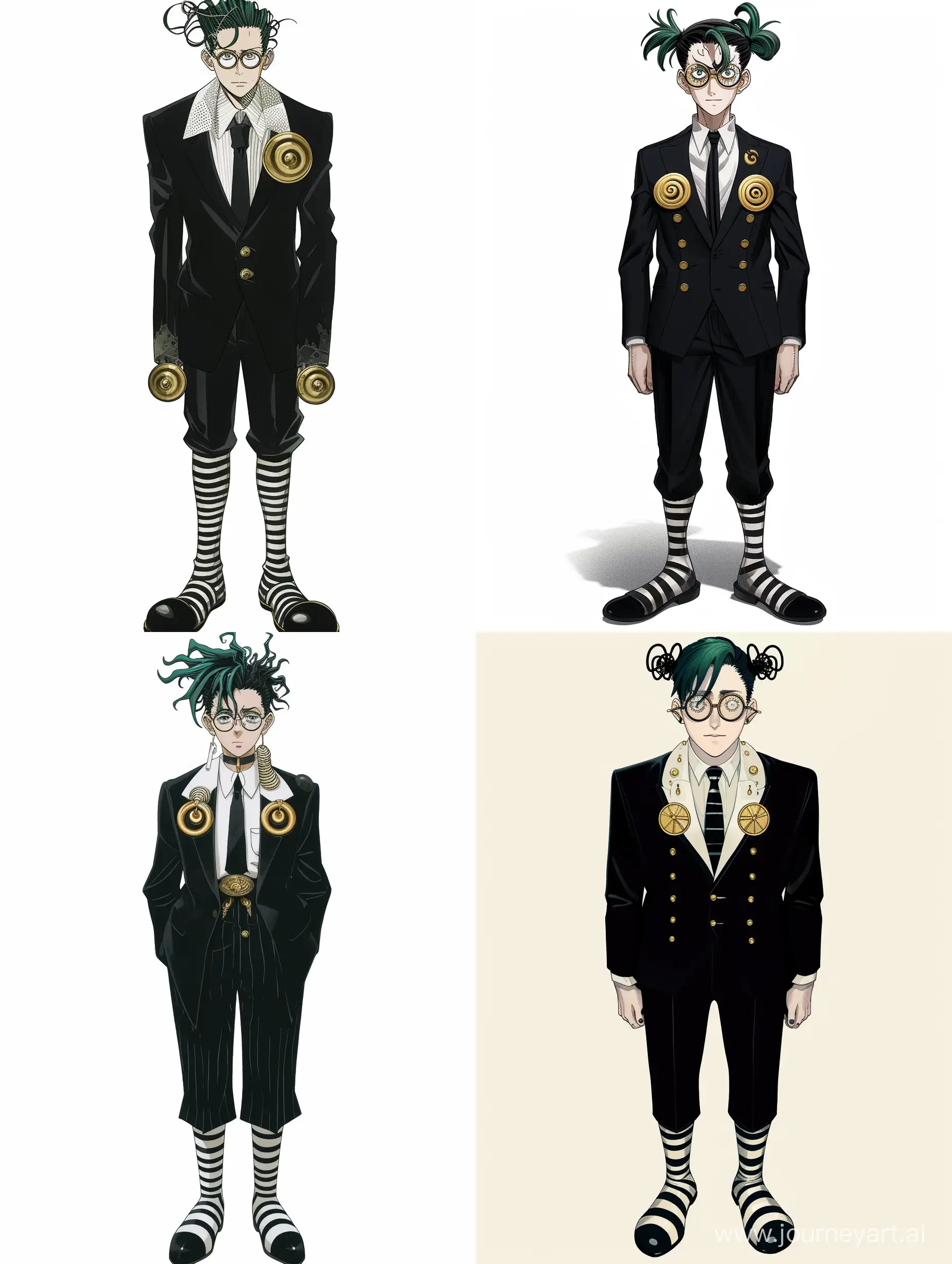 He is a tall and slender man with round glasses and combed black and green hair. He wears a black suit with two gold ornaments over a white shirt with an unusual collar and spiral projections at the edges, as well as an ordinary black tie. He always wears his striped shoes.