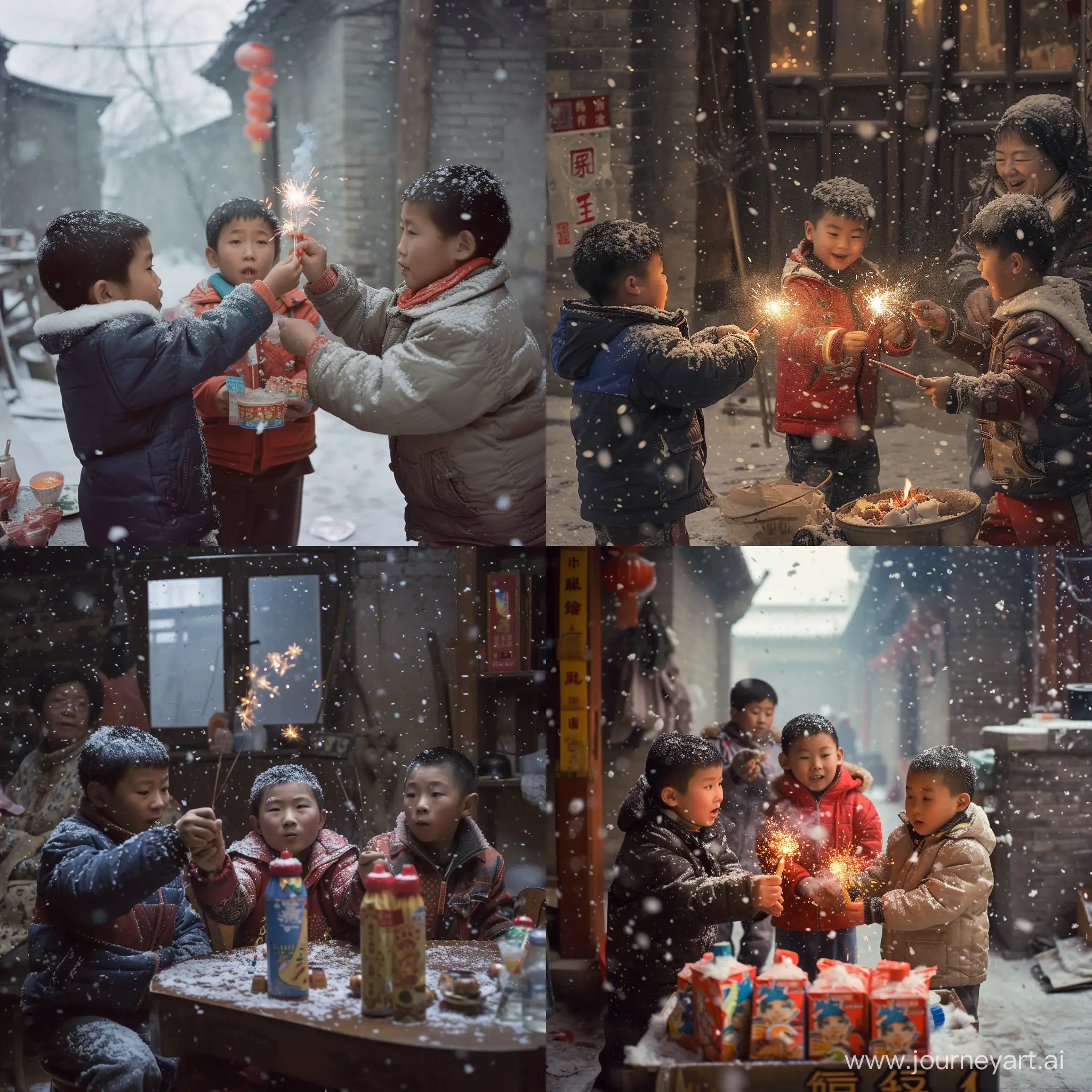 Snowy-Spring-Festival-Reunion-Boys-Setting-Off-Firecrackers-in-Hebei-China