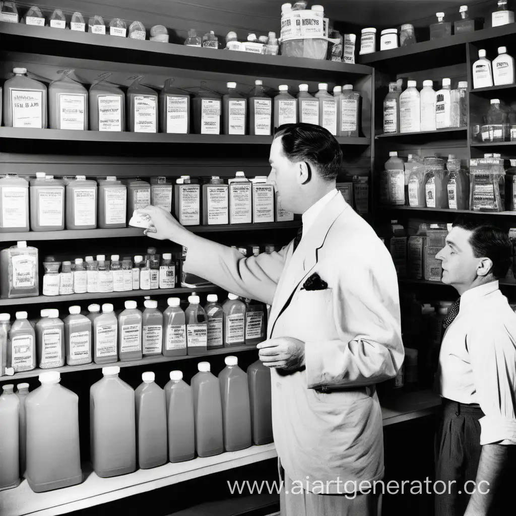 Первый магазин бытовой химии на розлив открытый в Нью Йорке в 1939 году внутри. Продавец наливает покупателю
