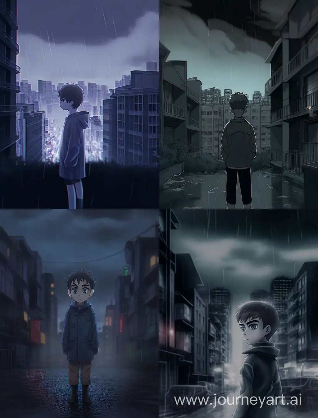 Anime-Boy-Amid-SovietStyle-HighRises-in-Rainy-Night