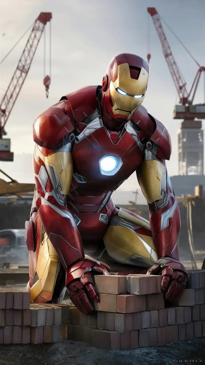 Determined Iron Man Laboring at a Brick Construction Site