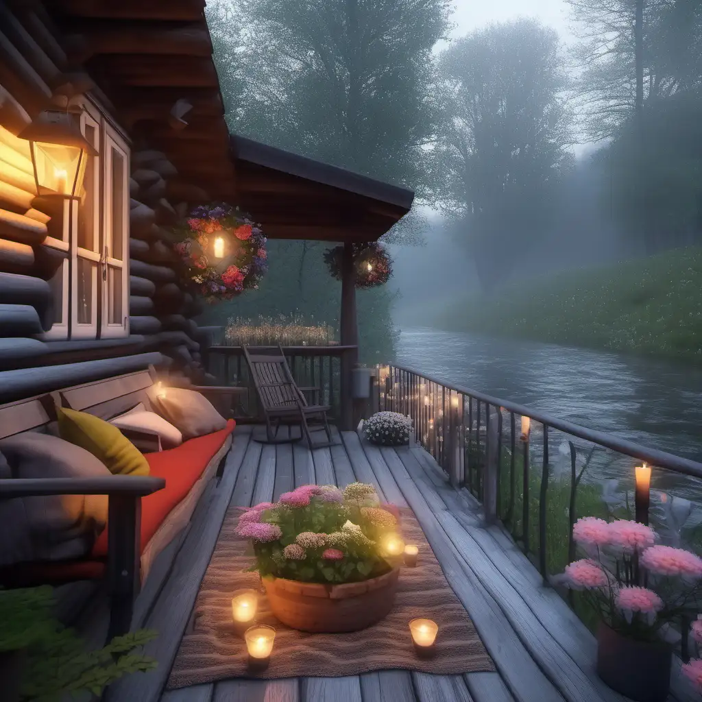 View from a porch of cabin house with cozy sofa, candle, lighting, flowers, plants to the river flow in the typical europe forest. , foggy  afternoon, photograhpy style, 3D effect, best quality, super detailed, 8k