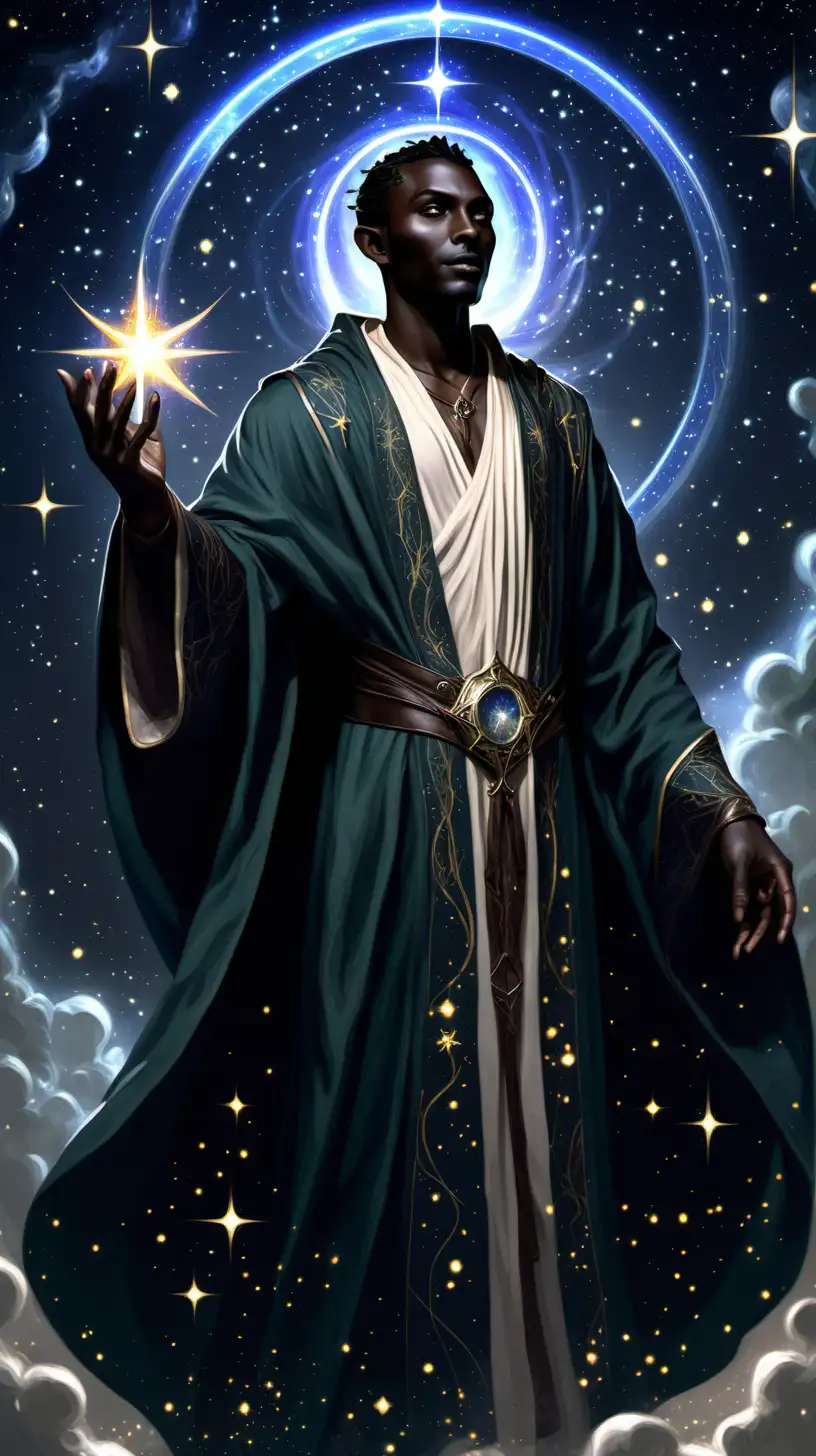 god of time, dark skin, elvish, fantasy, wearing robe, stars