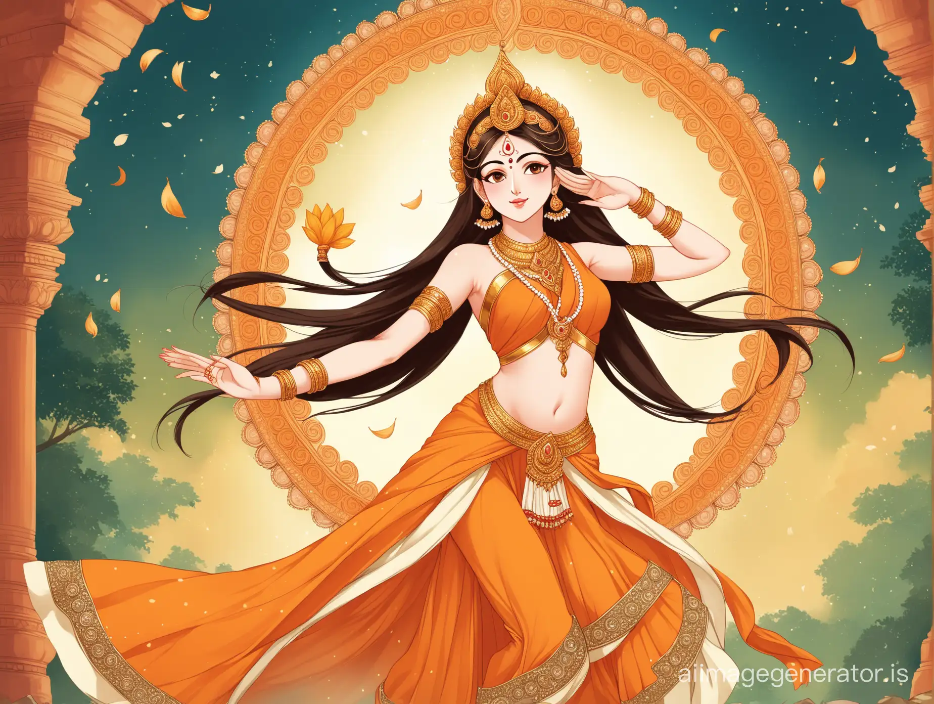 "Illustrate Goddess Sita's graceful sway as she dances in devotion to Lord Ram, embodying purity, devotion, and divine femininity."