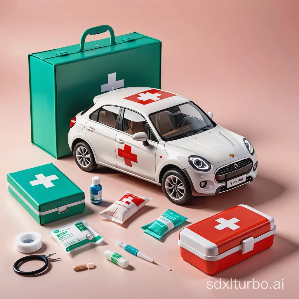 imagen caricatura de un carro y un botiquin de primeros auxilios al lado en caja