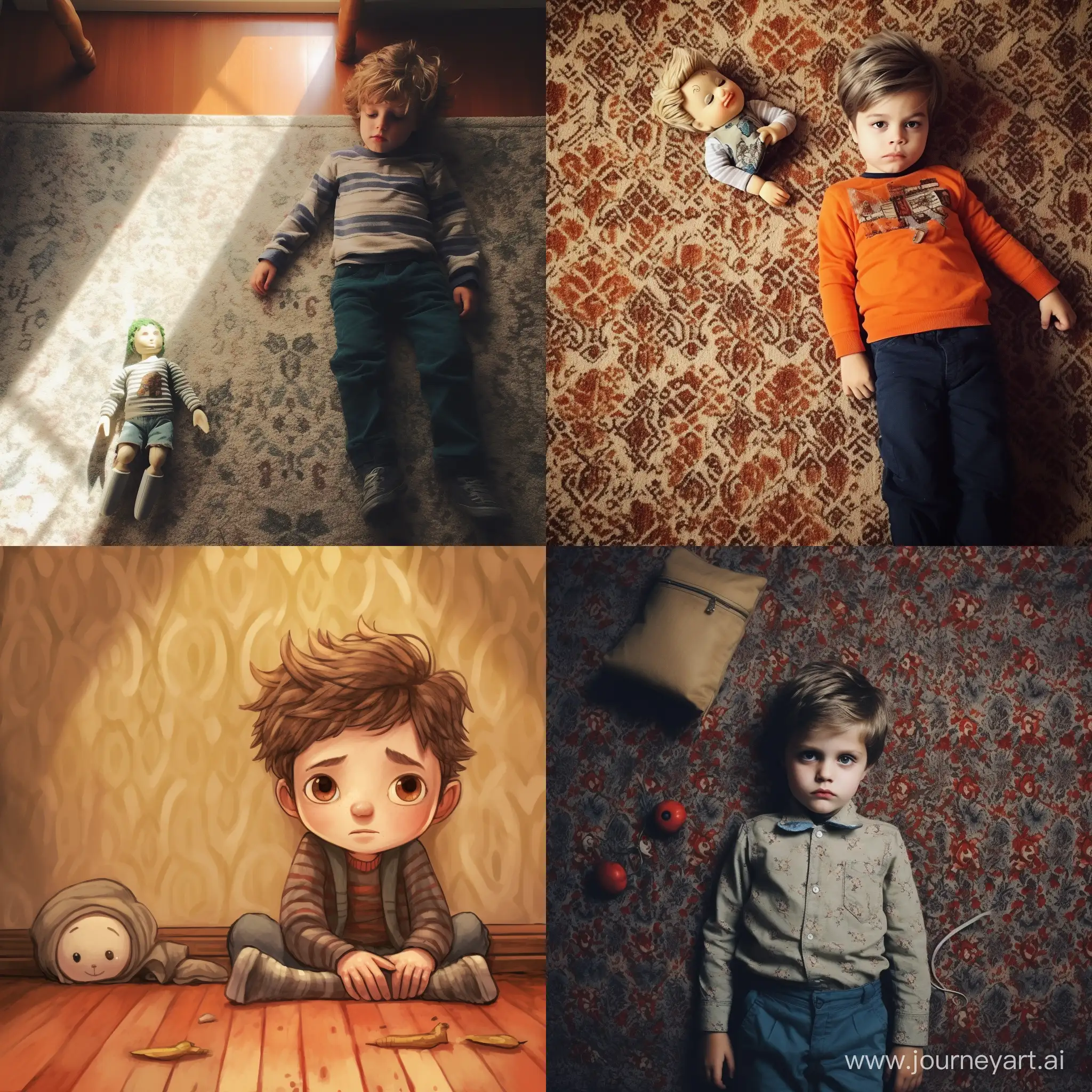 پسر بچه_دراز کشیده روی فرش_تنها_ناراحت_عروسک در دو طرف پسر بچه
