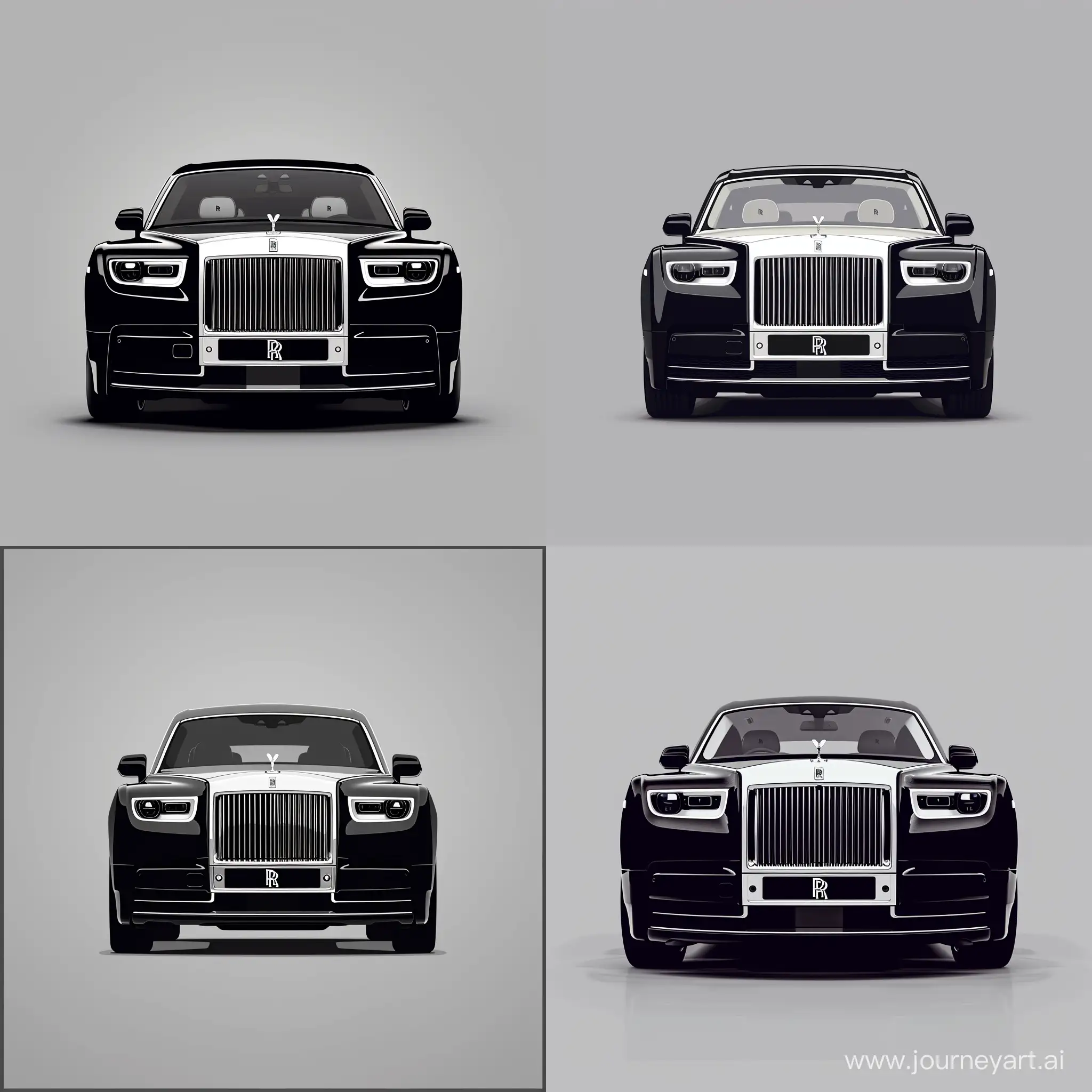 Minimalism 2D Illustration Car of Front View, RollsRoyce Phantom: Black Body Color & White Body Details, Simple Gray Background, Affinity Designer Software, High Precision