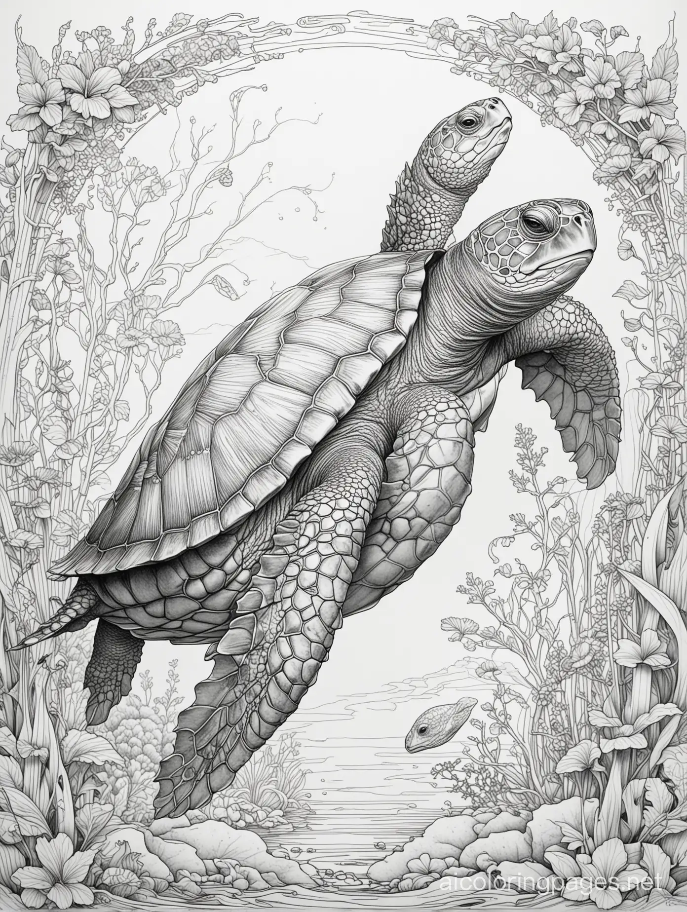 Graphic illustration Archelon Turtle,  fantasy, ethereal, beautiful, Art nouveau,  in the style of James Jean, Coloring Page, black and white, line art, white background, Simplicity, Ample White Space. The background of the coloring page is plain white to make it easy for young children to color within the lines. The outlines of all the subjects are easy to distinguish, making it simple for kids to color without too much difficulty