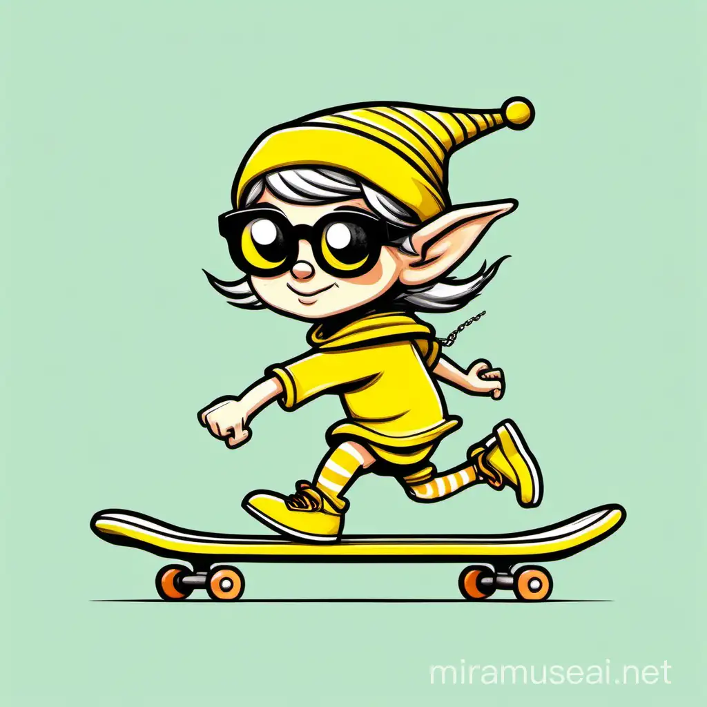 drawing of a cute, adorable, relaxed, cartoon-like  elf, riding on a skateboard, wearing black round sunglasses, wearing yellow shoes and a chain around her neck, riding very fast, surrounded by horizontal lines indicating speed,