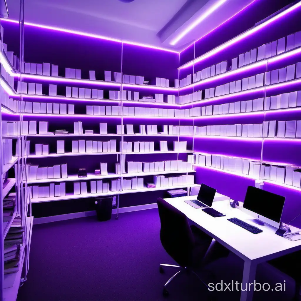 Criar um ambiente de escritório com livros brancos e iluminação roxa legal pode ser bastante visualmente atraente.