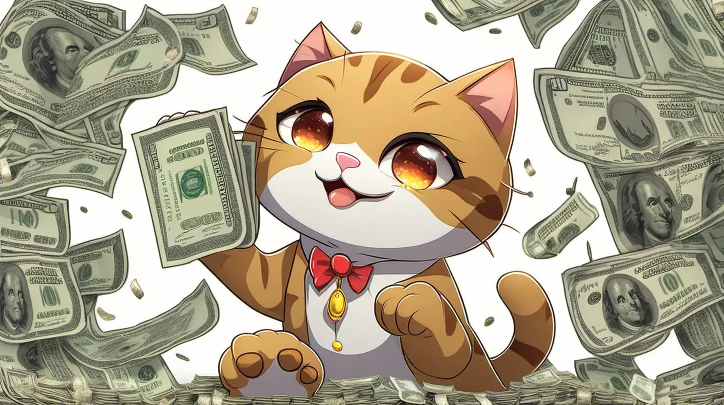 A cute cat holding money in his paws,looking happy