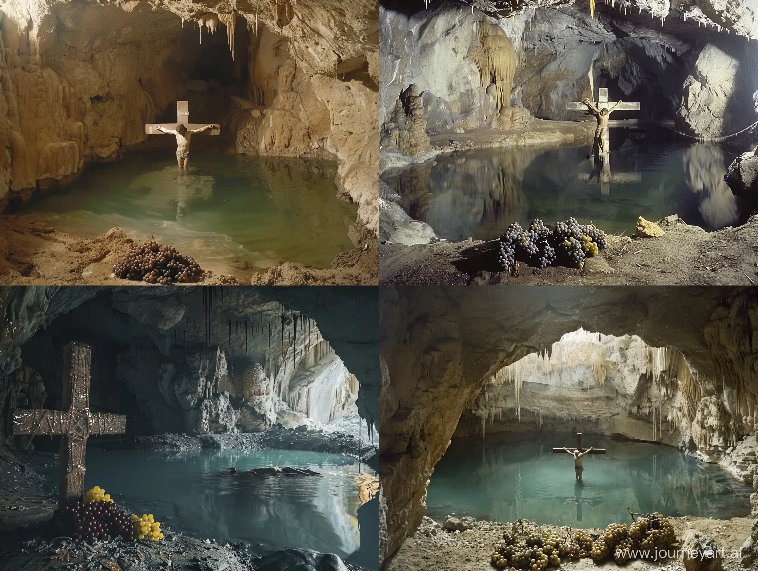 Пещера в которой находится озеро, в центре озера, по пояс погружен мужчина, который распят на кресте. Рядом с ним лежат виноградные грозди