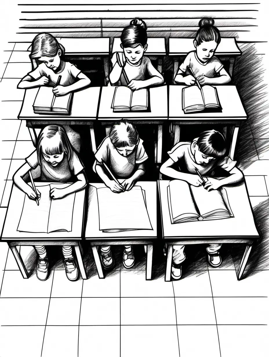 cartoon, pencil sketch, overhead view of a row of 4 elementary students writing on handwriting paper sitting at desk in school, no background