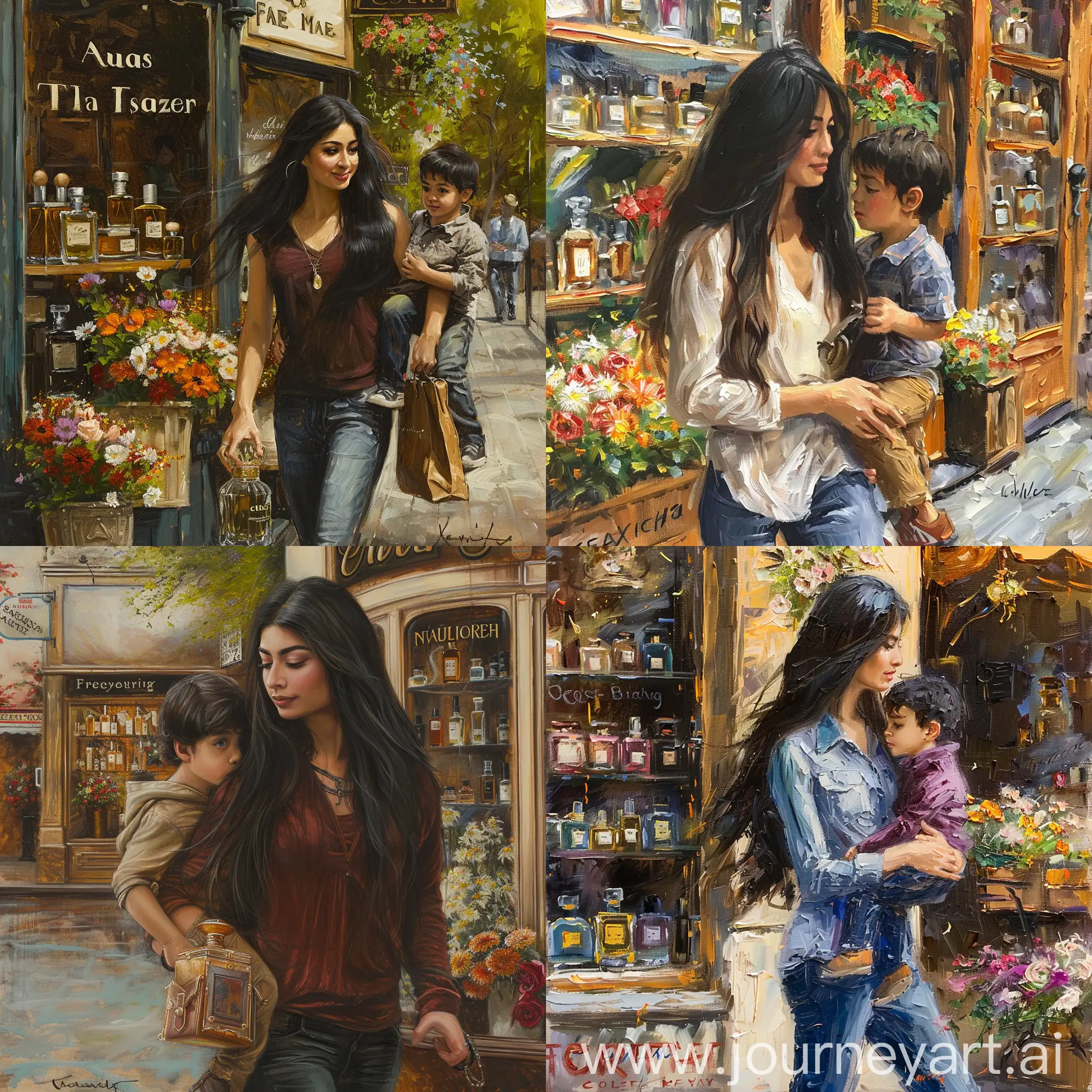 an oil painting of a long dark haired woman holding her son walking past a French perfume store and a florist on a sunny day